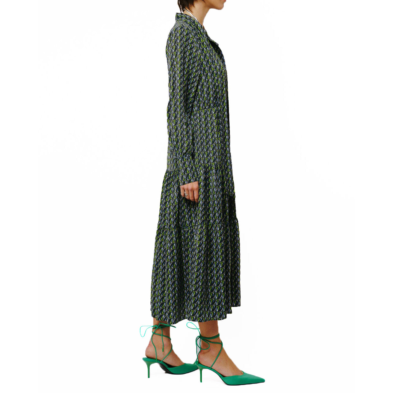  Ciebon Zamara Tie Neck Long Sleeve Tier Maxi Dress - Black Multi - Bonton