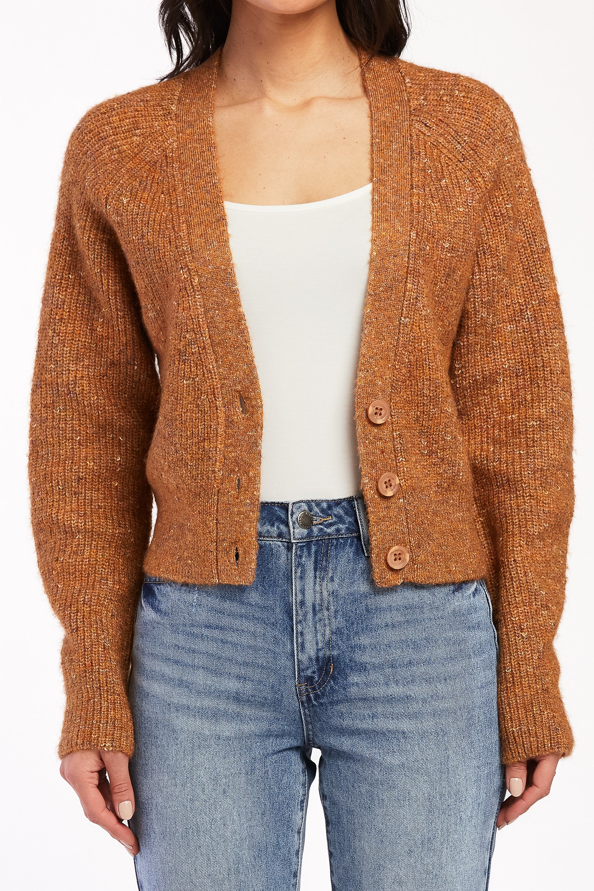   Velvet Heart Damita Long Sleeve Raglan Sleeve V-Neck Three Button Fron Cardigan - Rust - Bonton