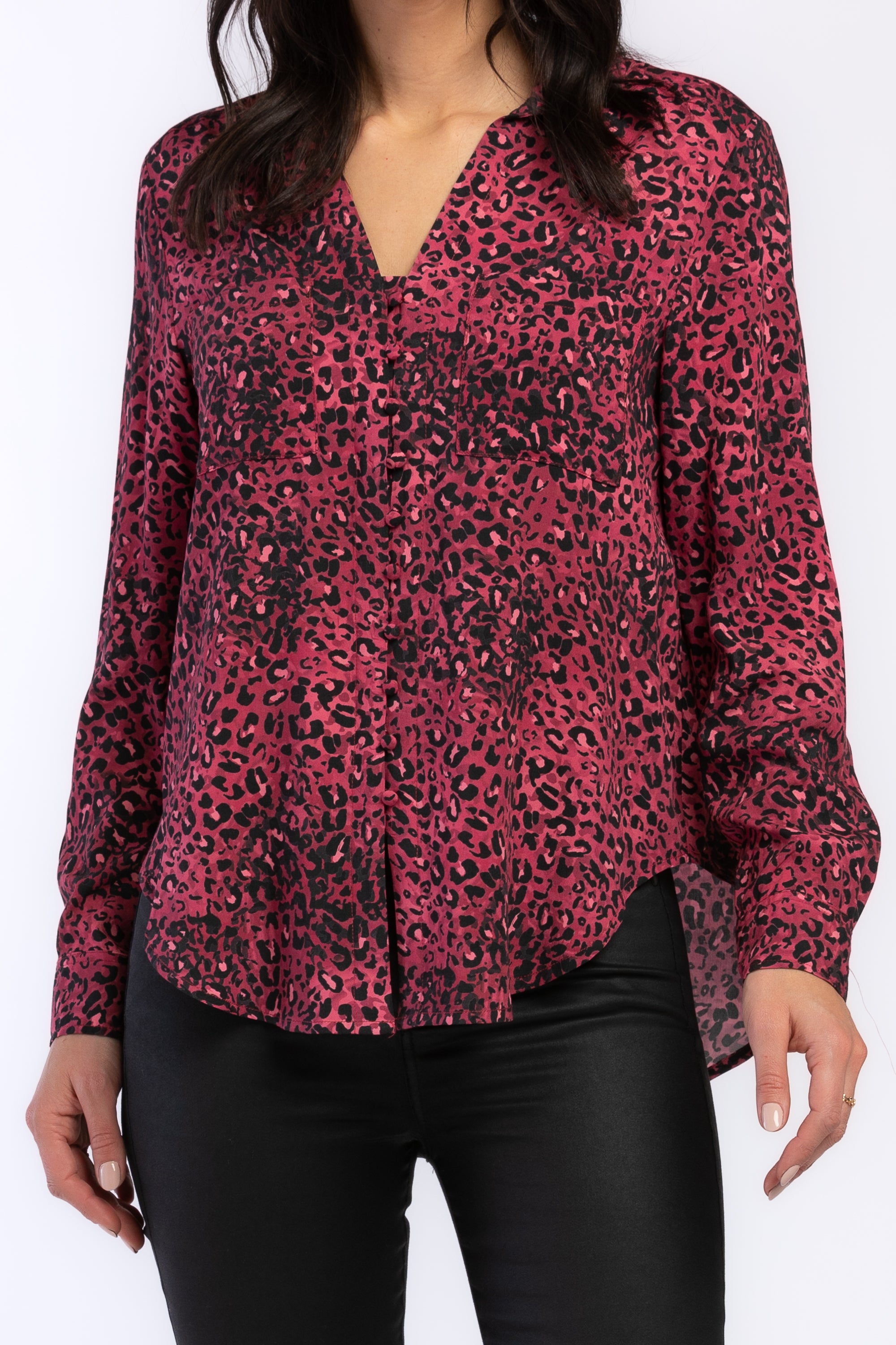   Velvet Heart Eleni Long Sleeve Loop Button Down Closure Chest Patch Pockets Rounded Hem - Olive Leopard - Bonton