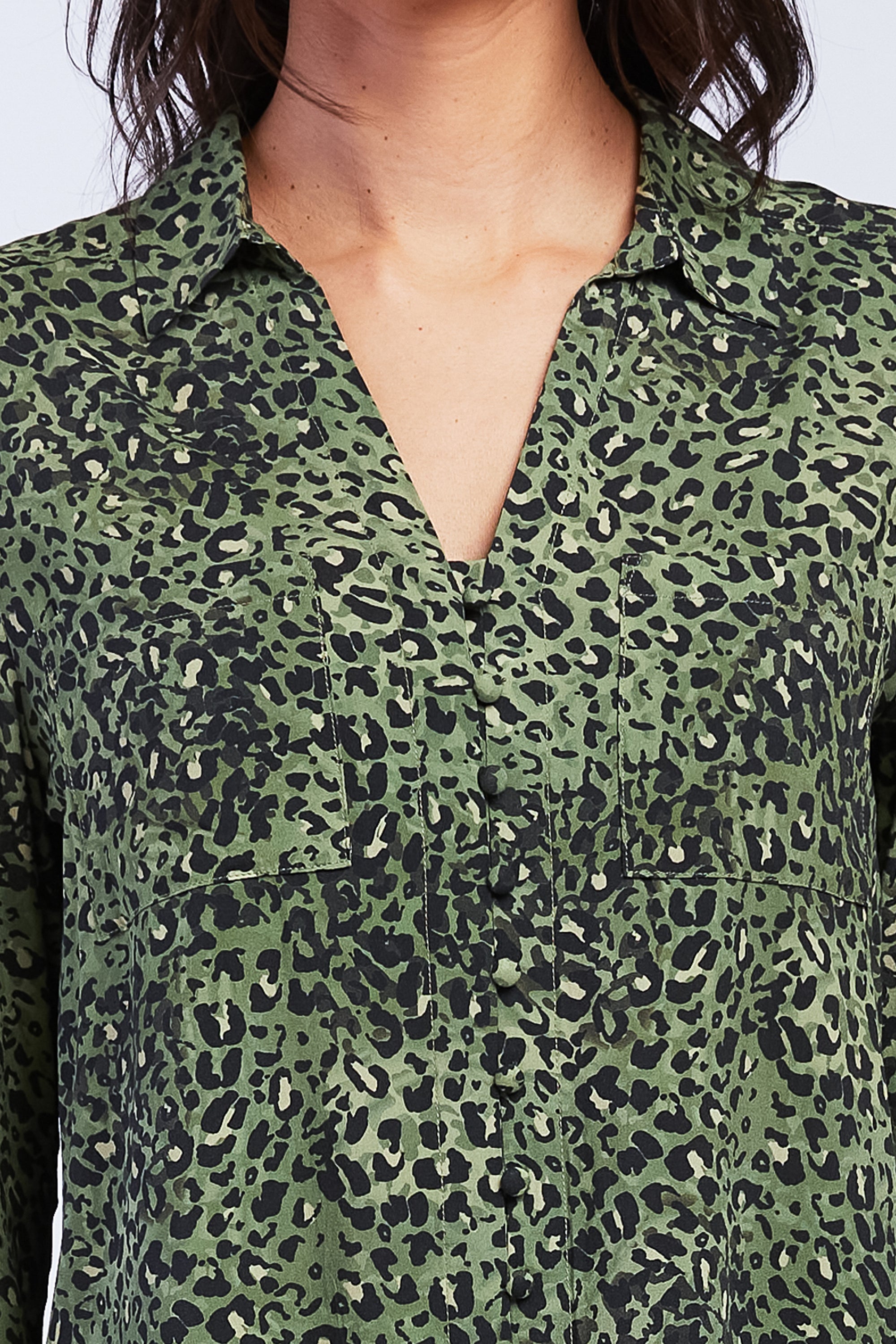   Velvet Heart Eleni Long Sleeve Loop Button Down Closure Chest Patch Pockets Rounded Hem - Olive Leopard - Bonton