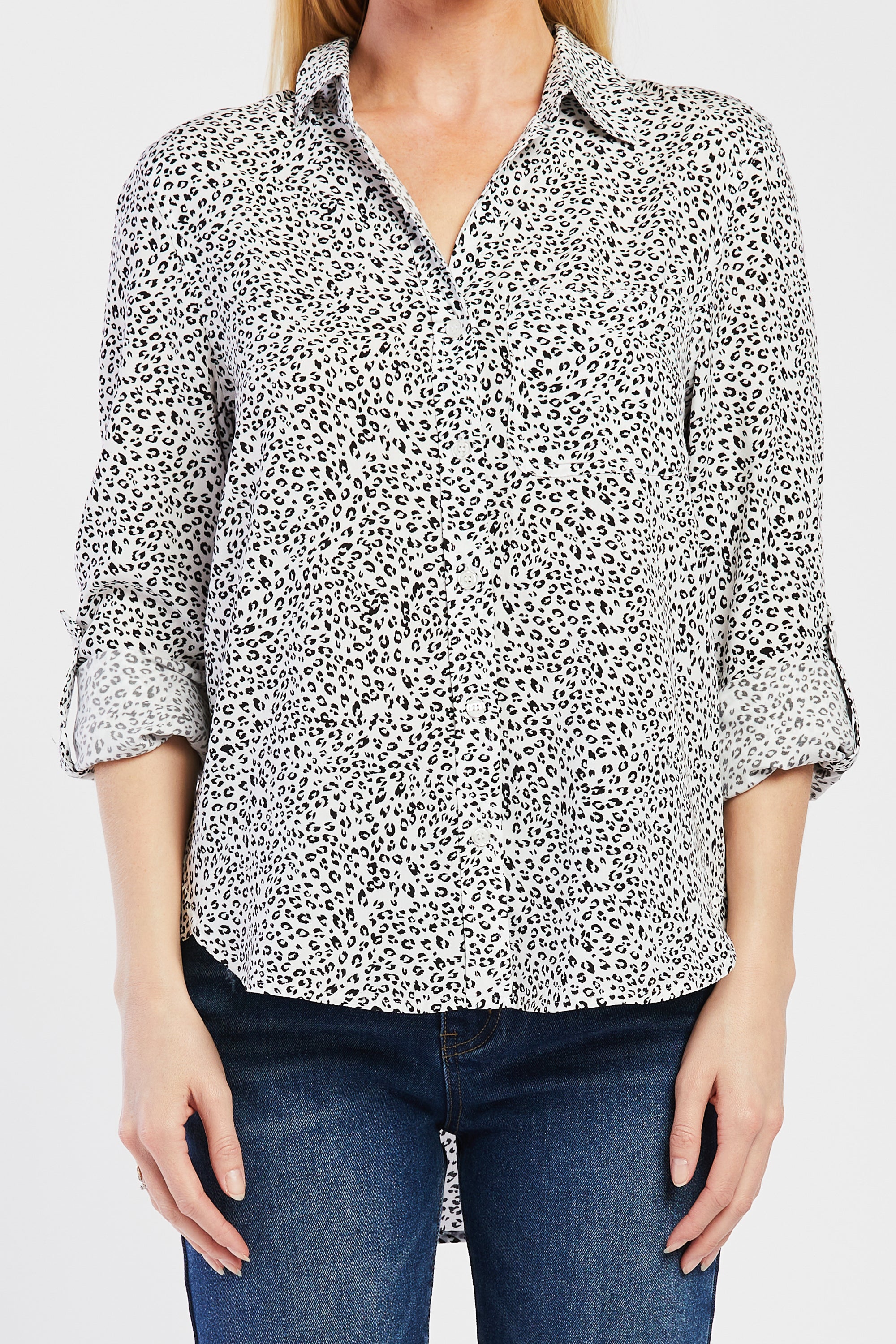   Velvet Heart Elisa Tab Sleeve Button Down Shirt Single Chest Pocket - White Black Leopard - Bonton