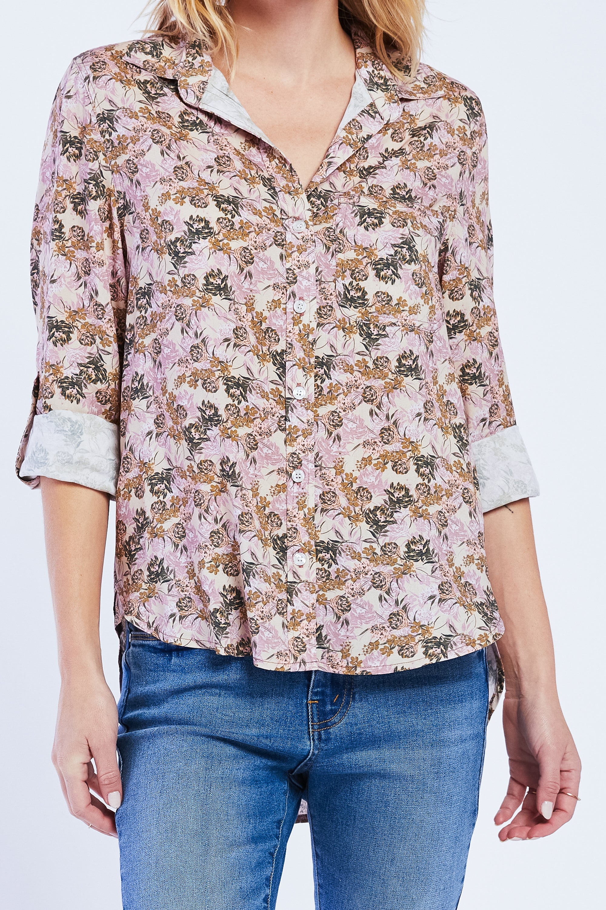   Velvet Heart Elisa Rolled Tab Sleeve Button Down Shirt - Blue Floral Bloom - Bonton
