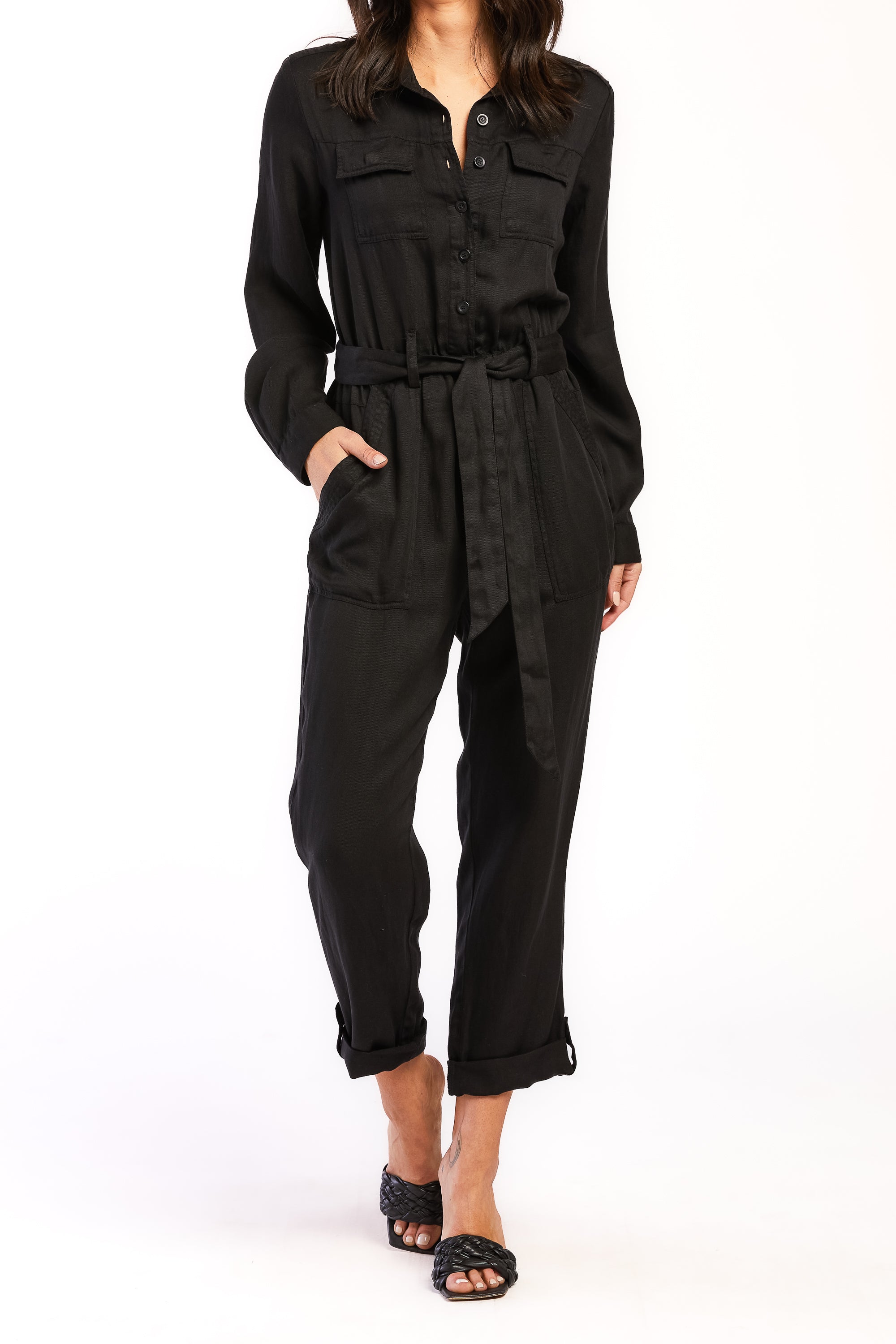   Velvet Heart Frenzia Long Sleeve Utility Style Jumpsuit Button Down Tab Cuff Hem Self Belt - Forest - Bonton