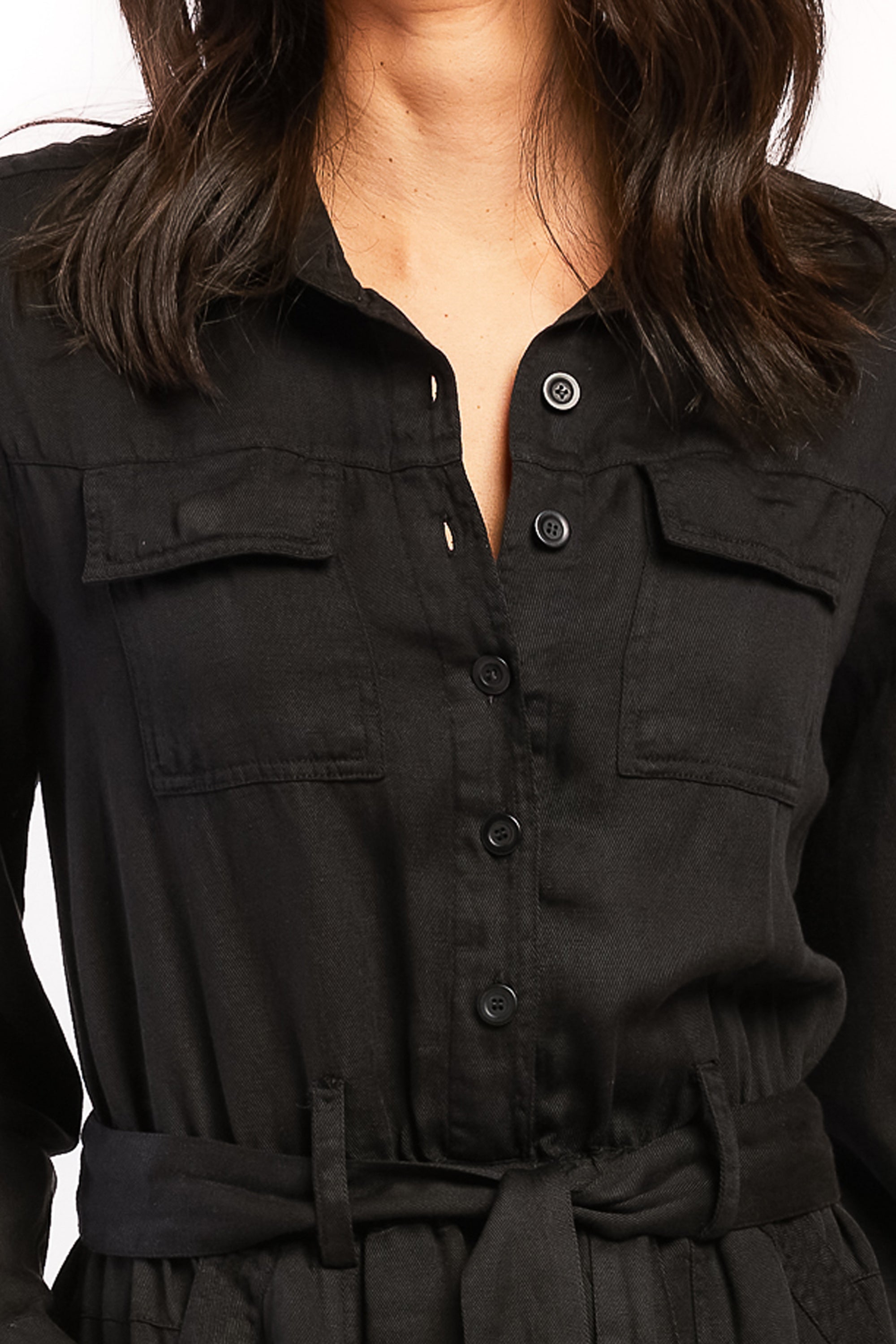  Velvet Heart Frenzia Long Sleeve Utility Style Jumpsuit Button Down Tab Cuff Hem Self Belt - Forest - Bonton