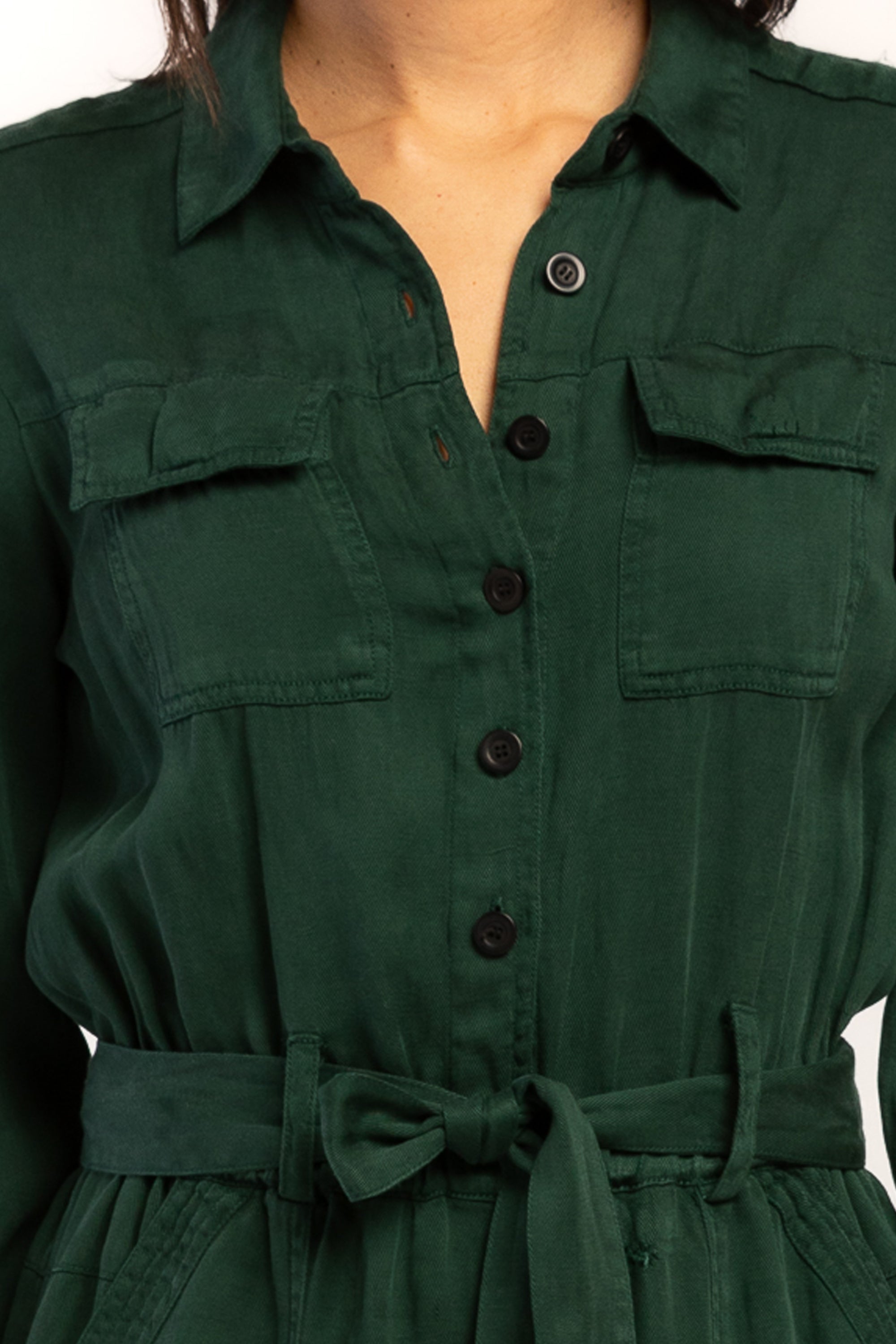   Velvet Heart Frenzia Long Sleeve Utility Style Jumpsuit Button Down Tab Cuff Hem Self Belt - Forest - Bonton