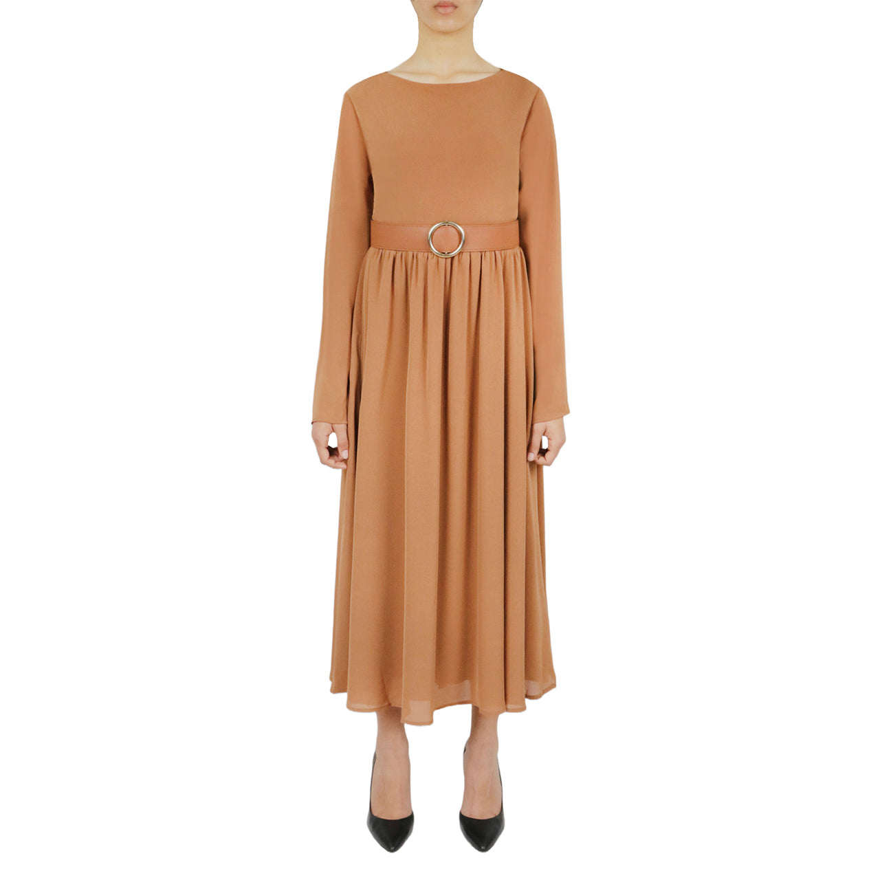  Cream & Rouge Belted Long Sleeve Dress - Cinnamon - Bonton