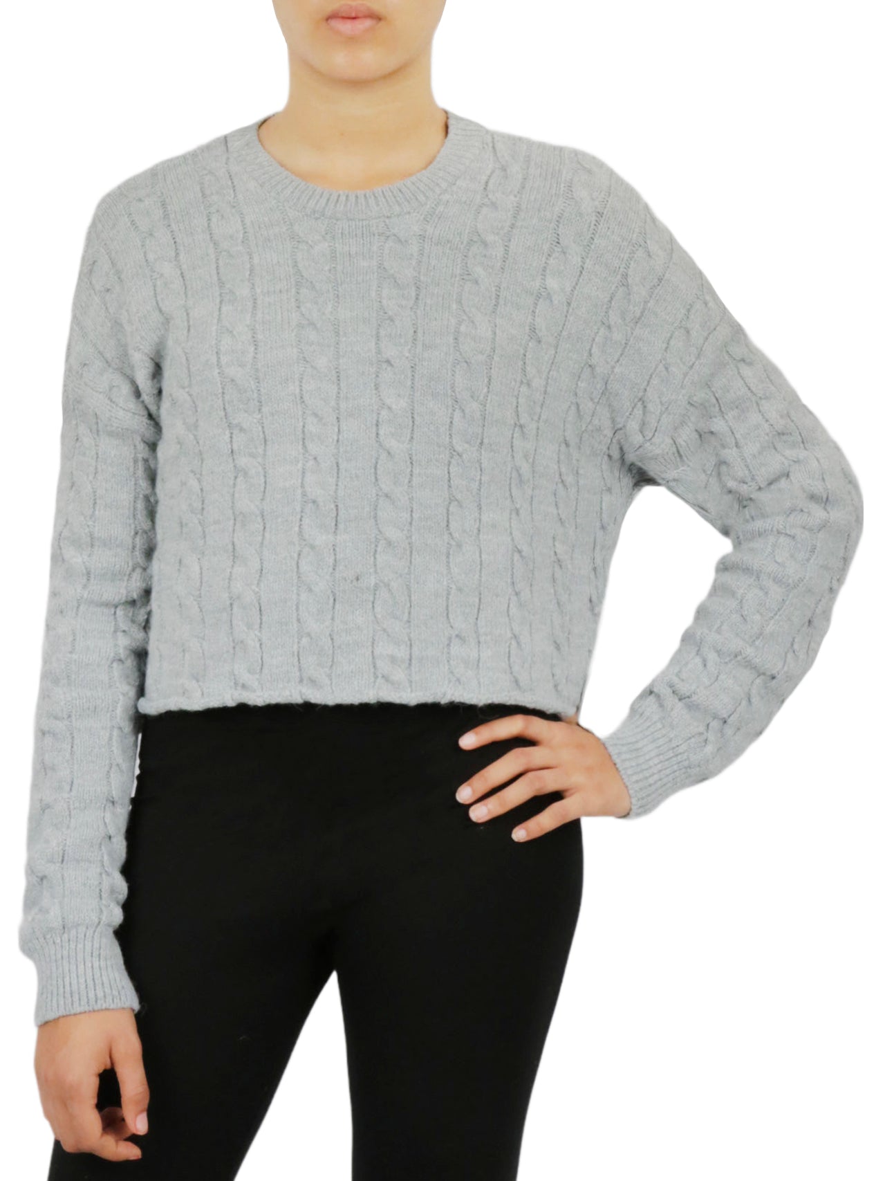  Miss Poeym Cable Knit Cropped Pullover Sweater - Black - Bonton