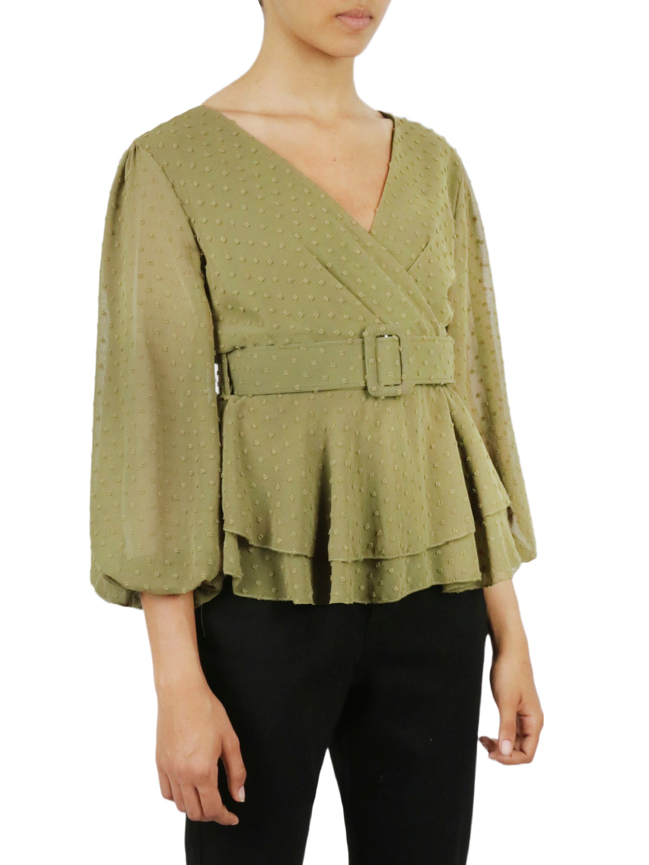  Miss Selen Belted Peplum Flounce Shirt - Khaki - Bonton
