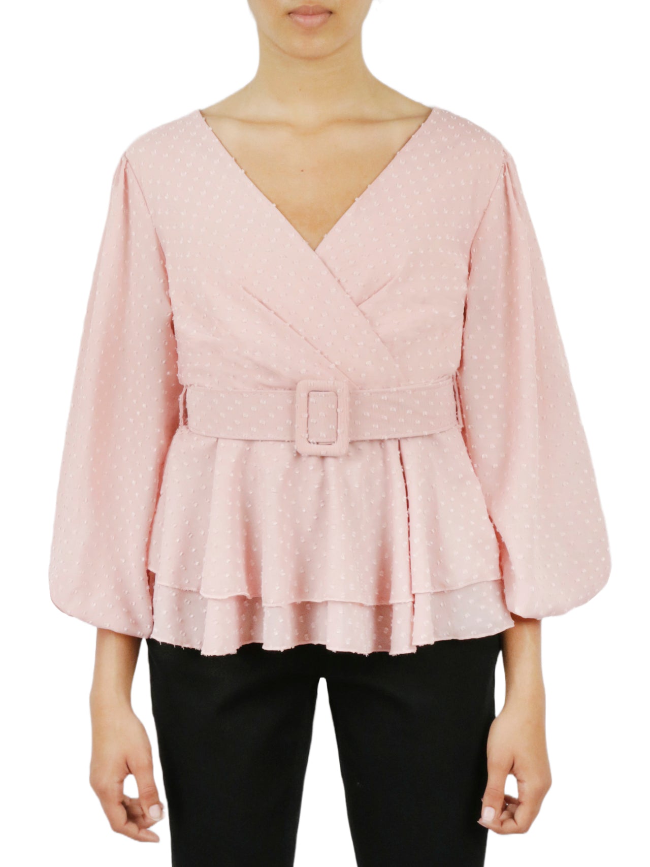  Miss Selen Belted Peplum Flounce Shirt - Powder Pink - Bonton