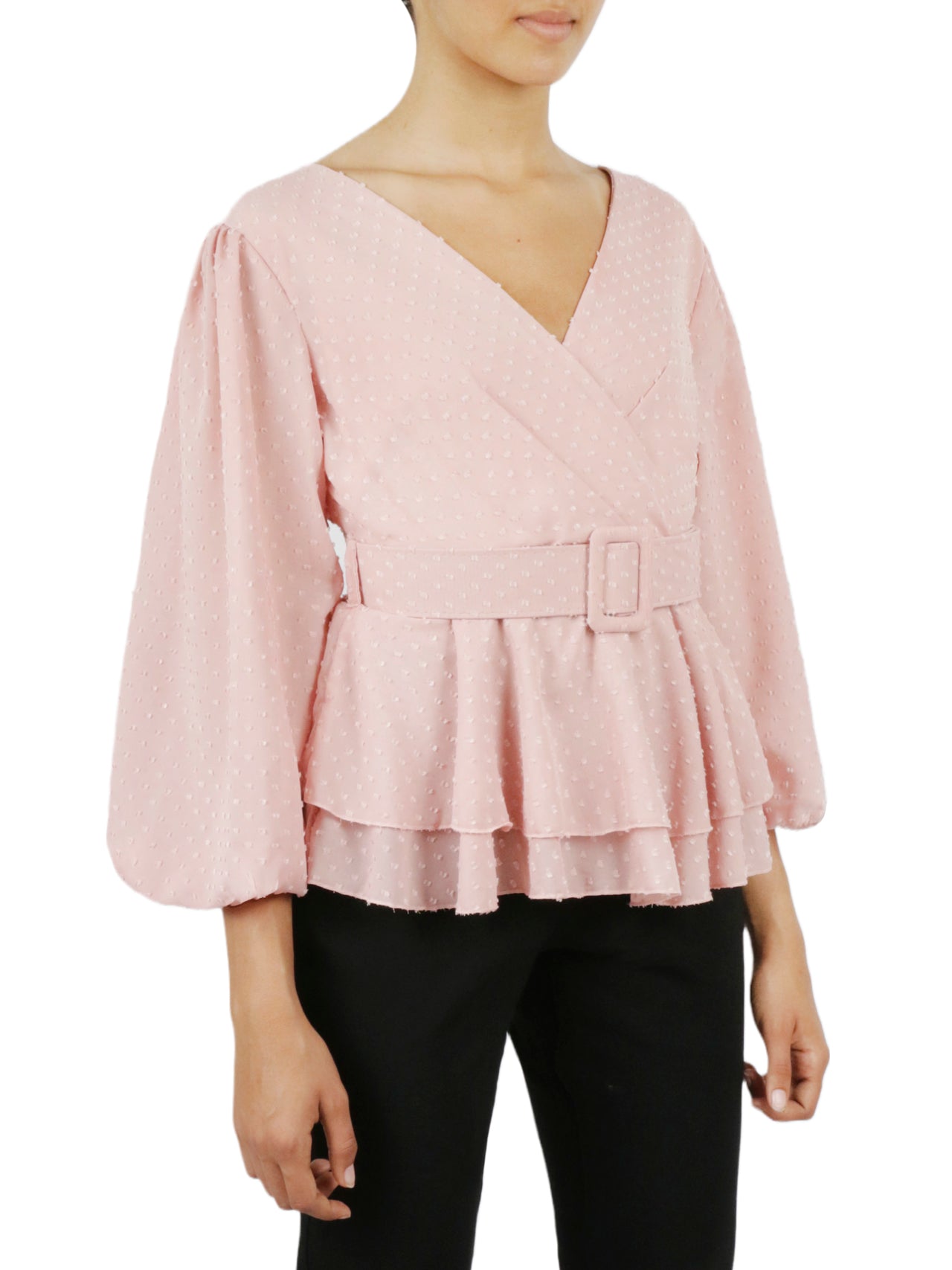  Miss Selen Belted Peplum Flounce Shirt - Powder Pink - Bonton