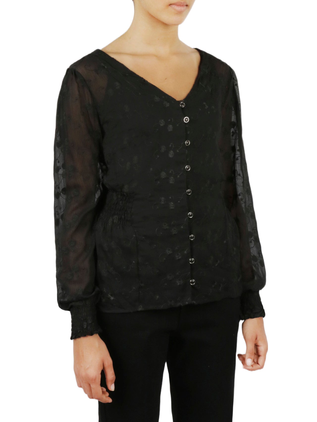  Miss Selen Floral Button Front Top - Black - Bonton