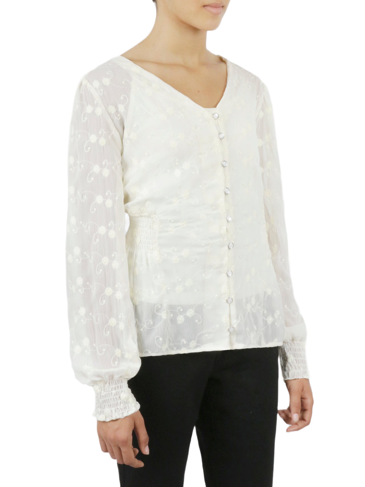 Miss Selen Floral Button Front Top - Ecru - Bonton