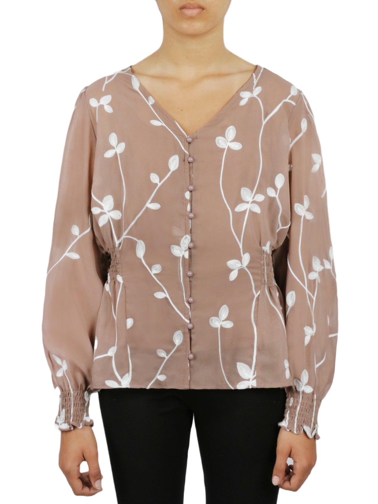  Miss Selen Floral V Button Down - Mink - Bonton