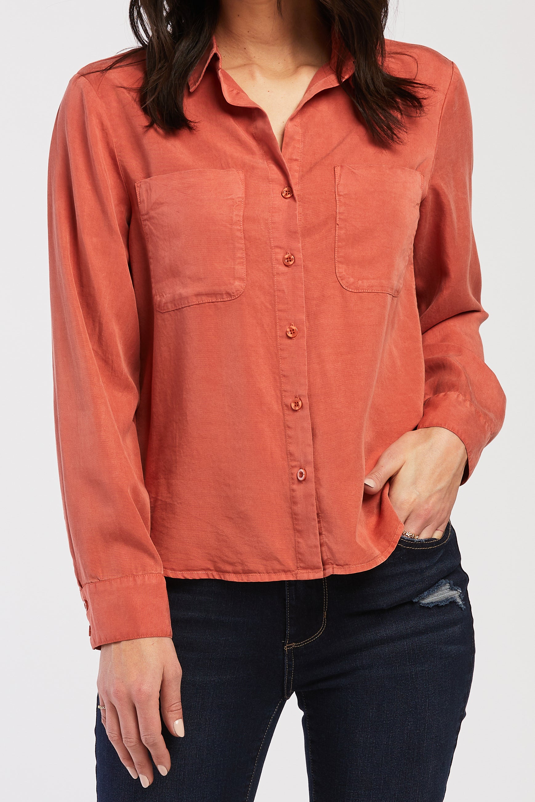   Velvet Heart Long Sleeve Button Down Shirt Front Chest Patch Pockets - Greer - Bonton