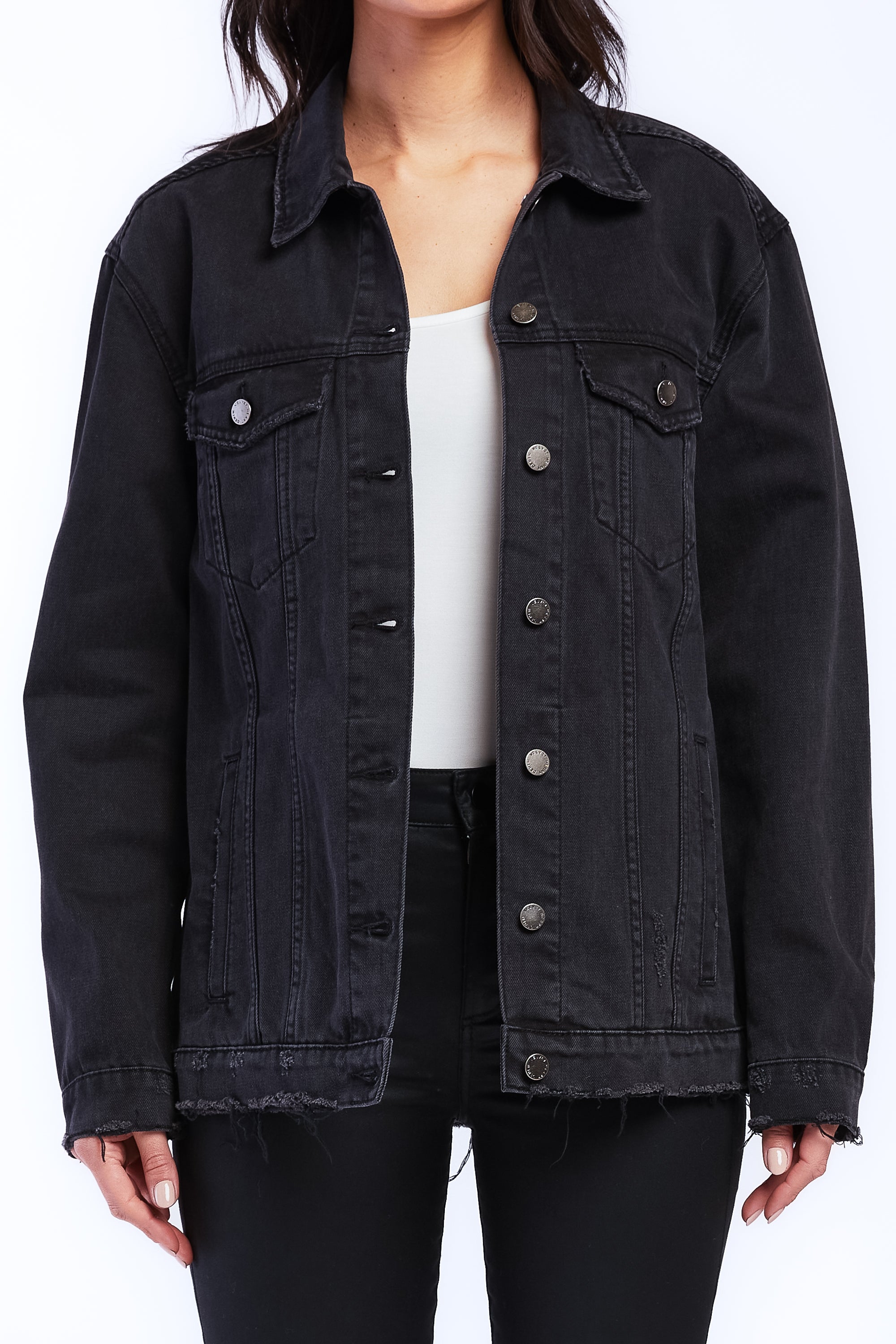   Velvet Heart Jimmy Long Sleeve Denim Jacket Raw Hem Details, Side Pockets - Black - Bonton