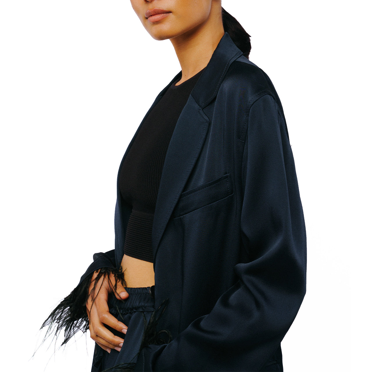  Ciebon Giada Feather Trimmed Satin Jacket - Navy - Bonton
