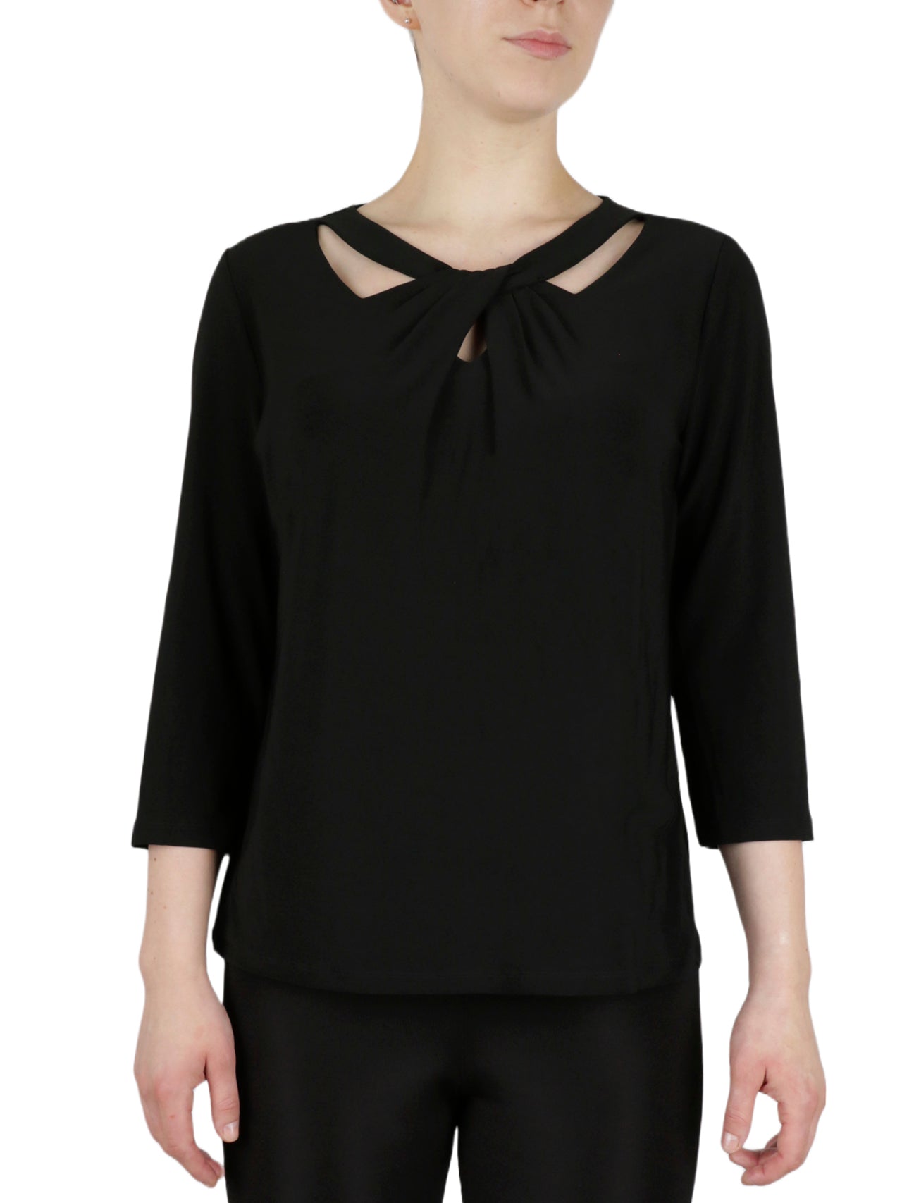  Kasper 3 Qtr Twist Neck Solid Ity Knit Top - Black - Bonton