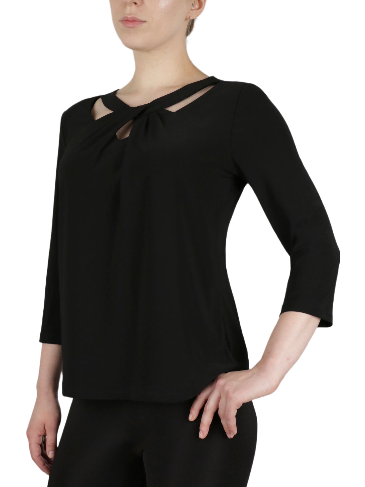  Kasper 3 Qtr Twist Neck Solid Ity Knit Top - Black - Bonton
