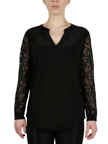 Split Neck Top W/Combo Lace Sleeve