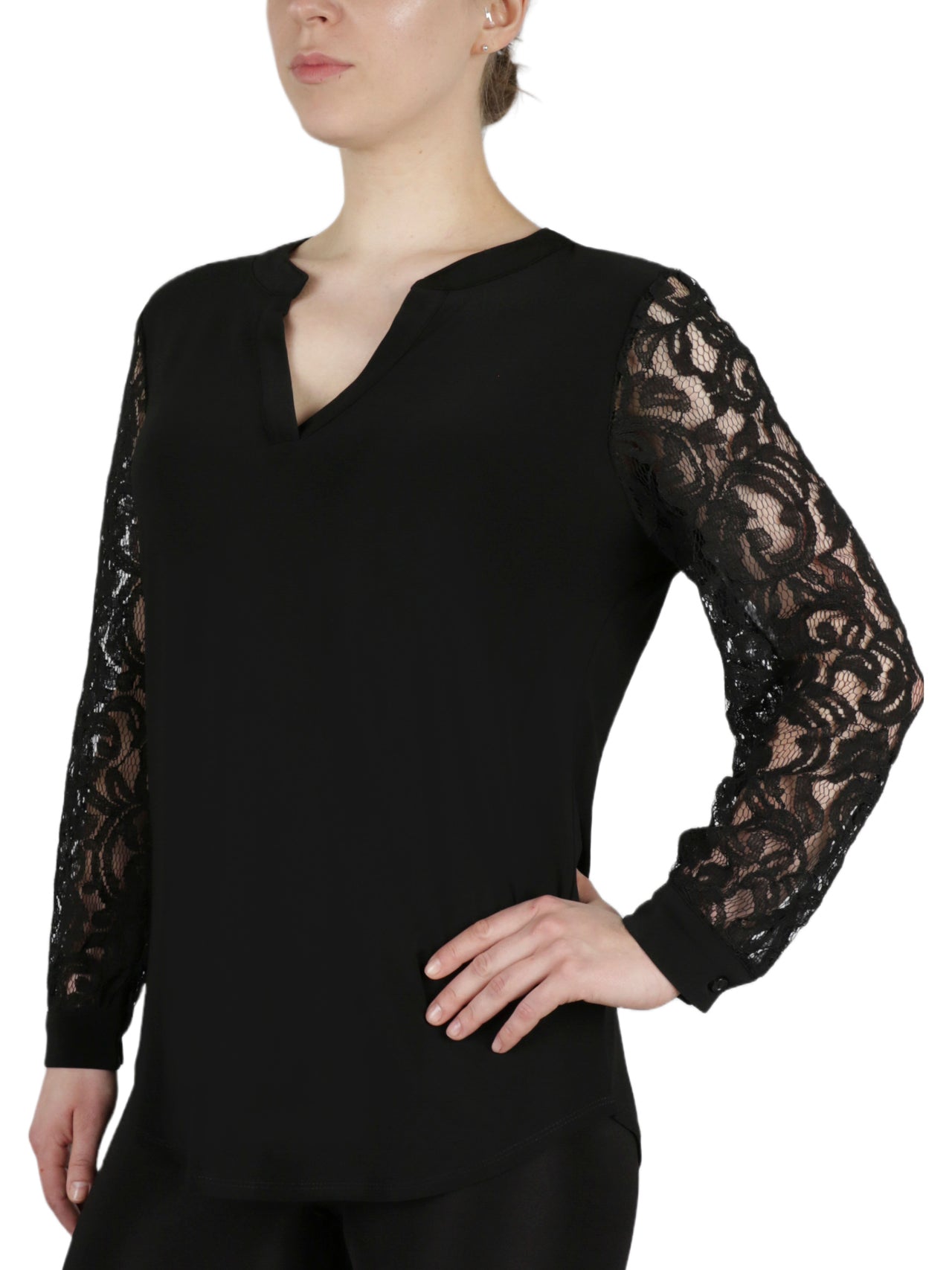  Kasper Split Neck Top W/Combo Lace Sleeve - Black - Bonton