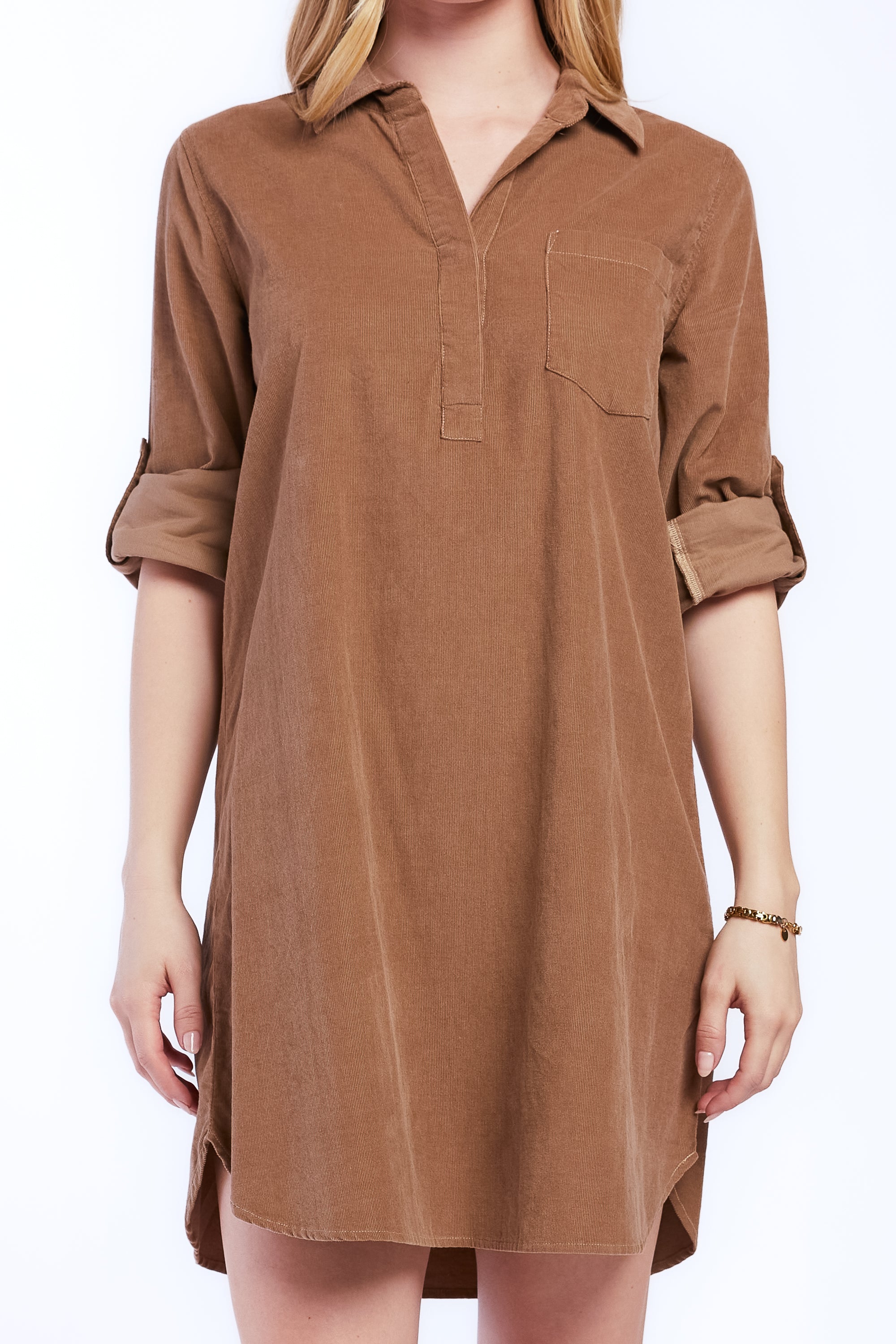   Velvet Heart Lizbeth Rolled Tab Sleeve Pop Over Shift Dress Split Neck With 2 Button - Gray - Bonton