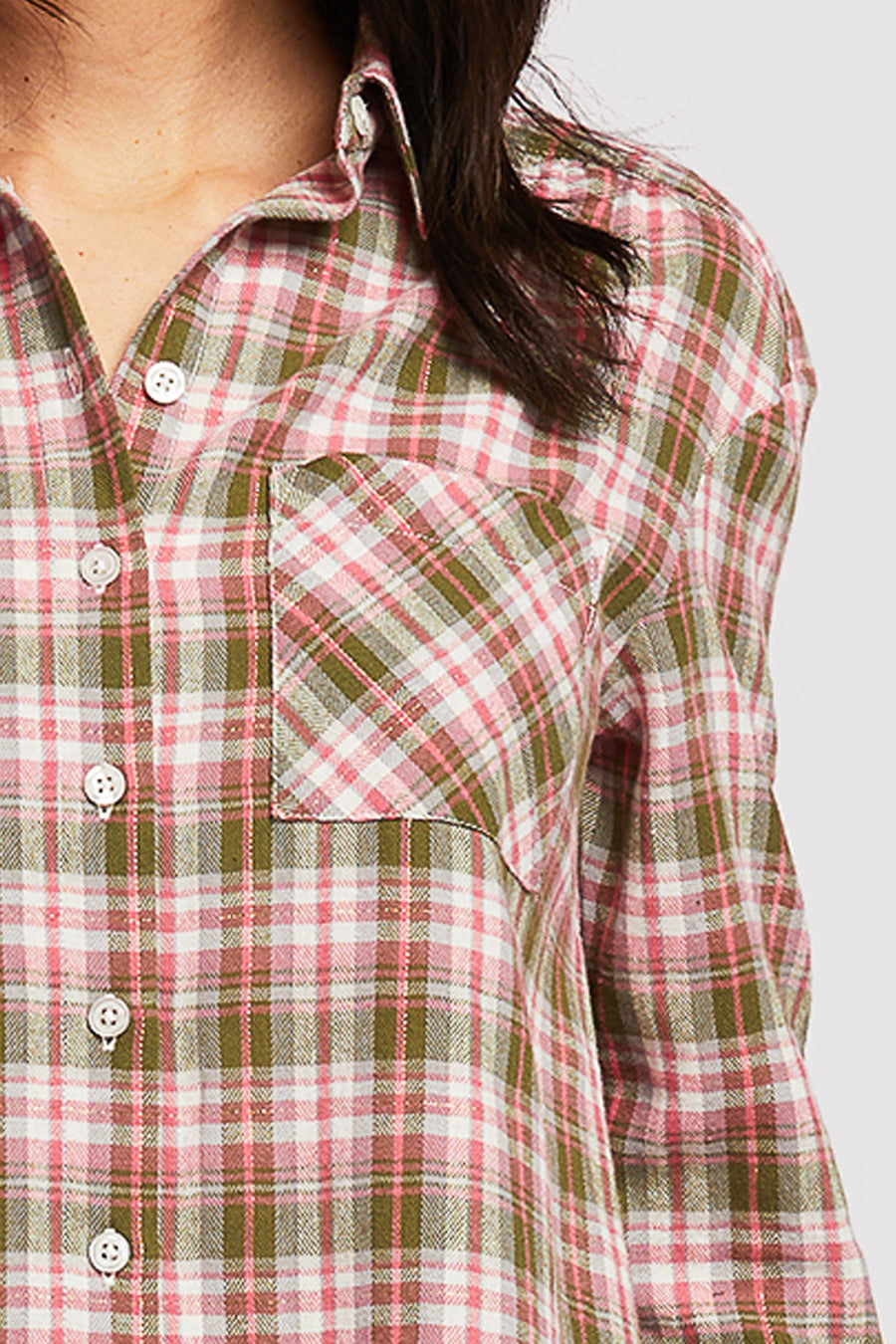   Velvet Heart Long Sleeve Button Down Shirt, Chest Patch Pockets Shirred Shoulder Detail - Pink Olive Plaid - Bonton