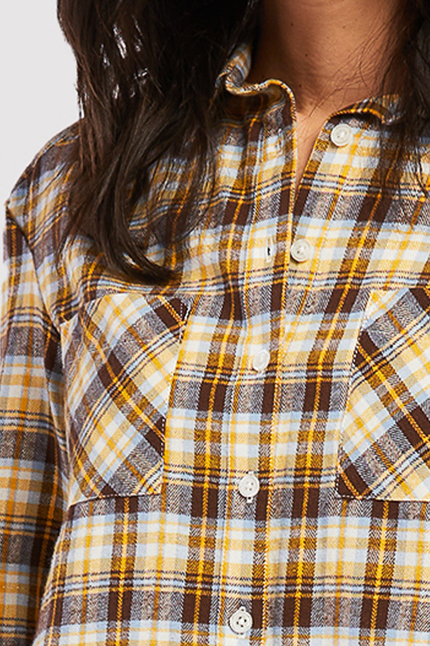   Velvet Heart Long Sleeve Button Down Shirt, Chest Patch Pockets Shirred Shoulder Detail - Pink Olive Plaid - Bonton