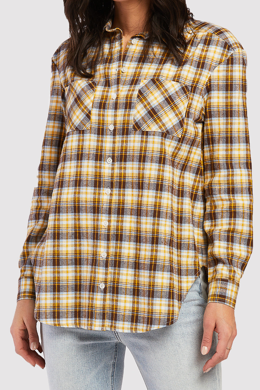   Velvet Heart Long Sleeve Button Down Shirt, Chest Patch Pockets Shirred Shoulder Detail - Pink Olive Plaid - Bonton