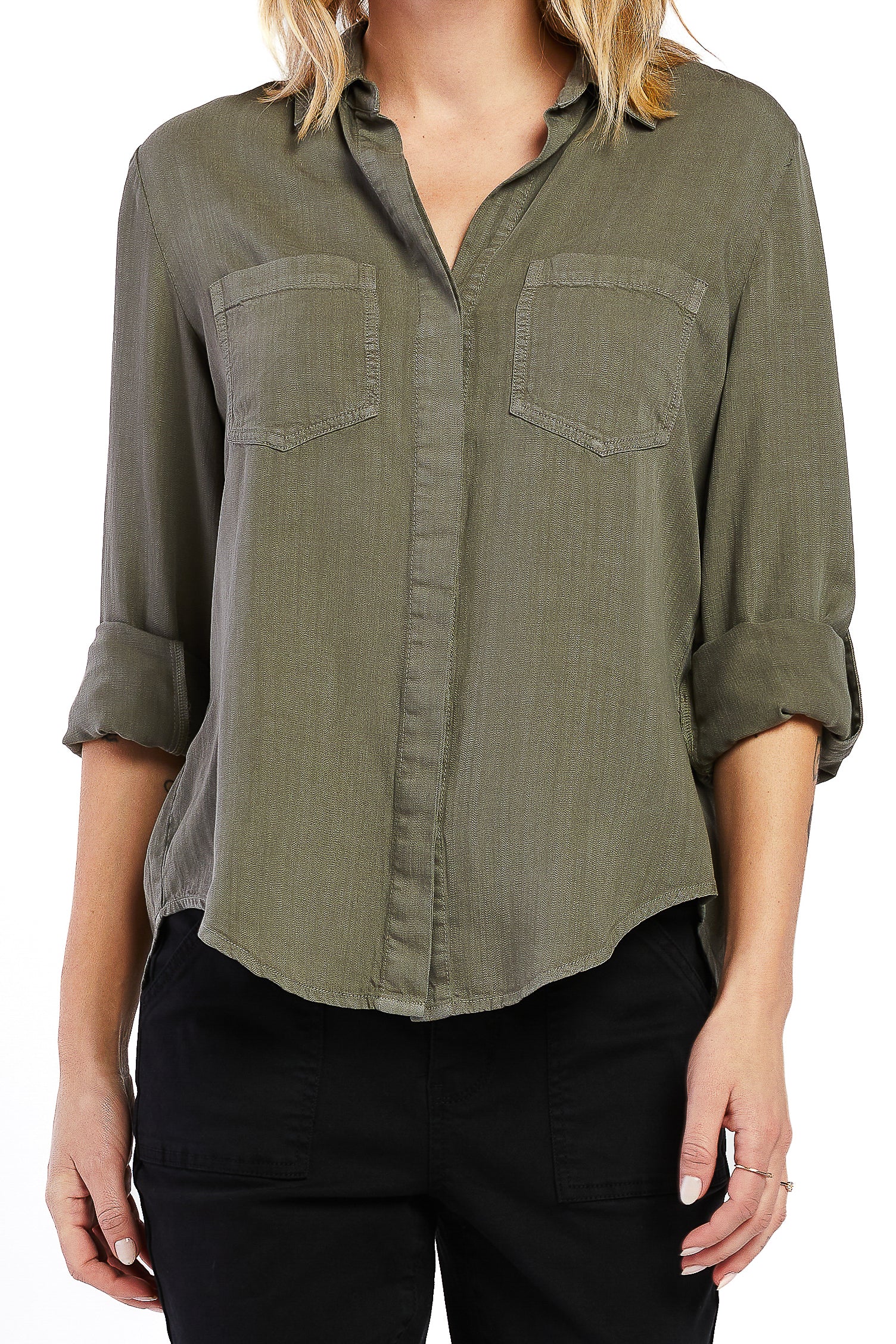   Velvet Heart Riley Rolled Tab Sleeve Button Down Shirt - Military Olive - Bonton