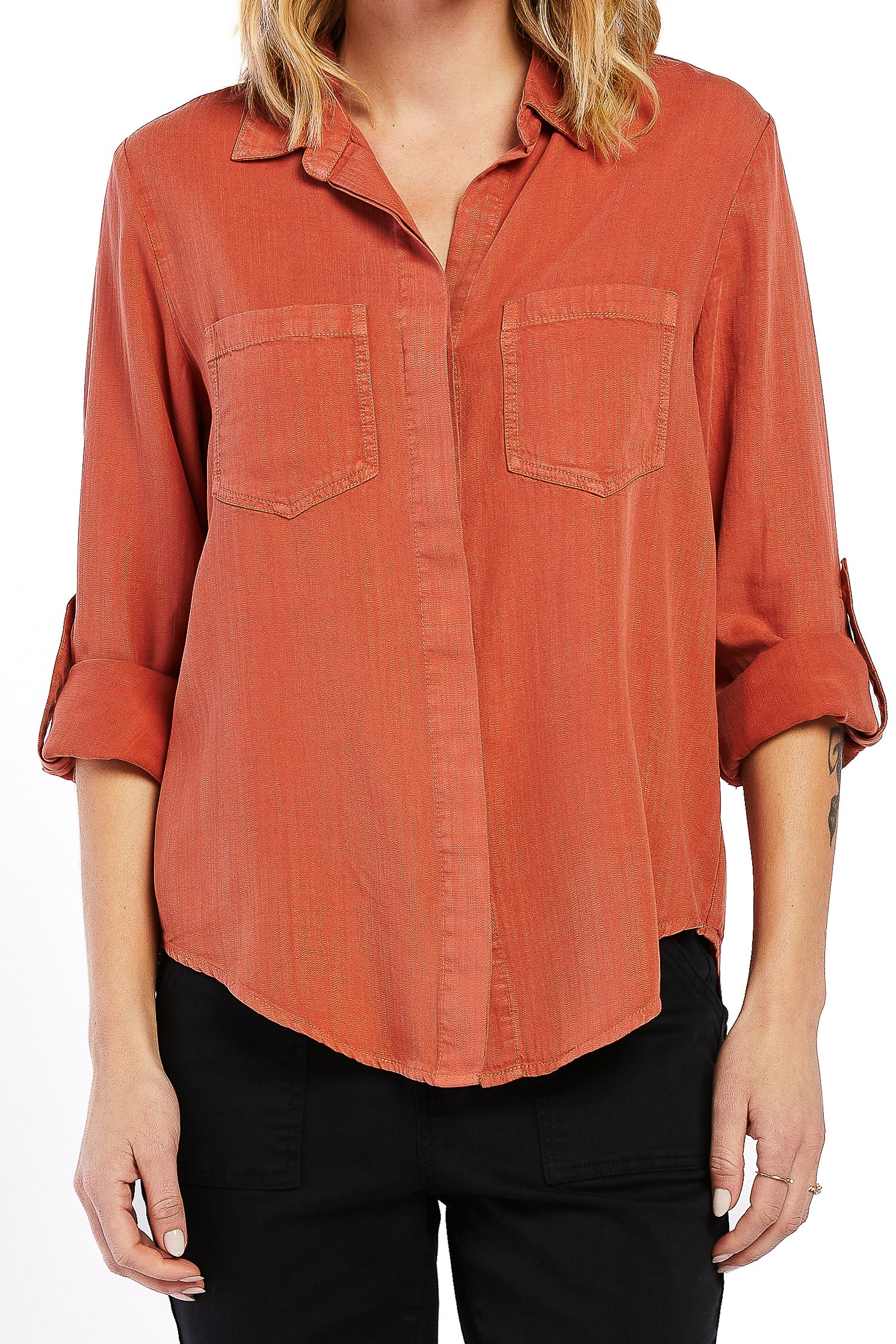   Velvet Heart Riley Rolled Tab Sleeve Button Down Shirt - Rust - Bonton