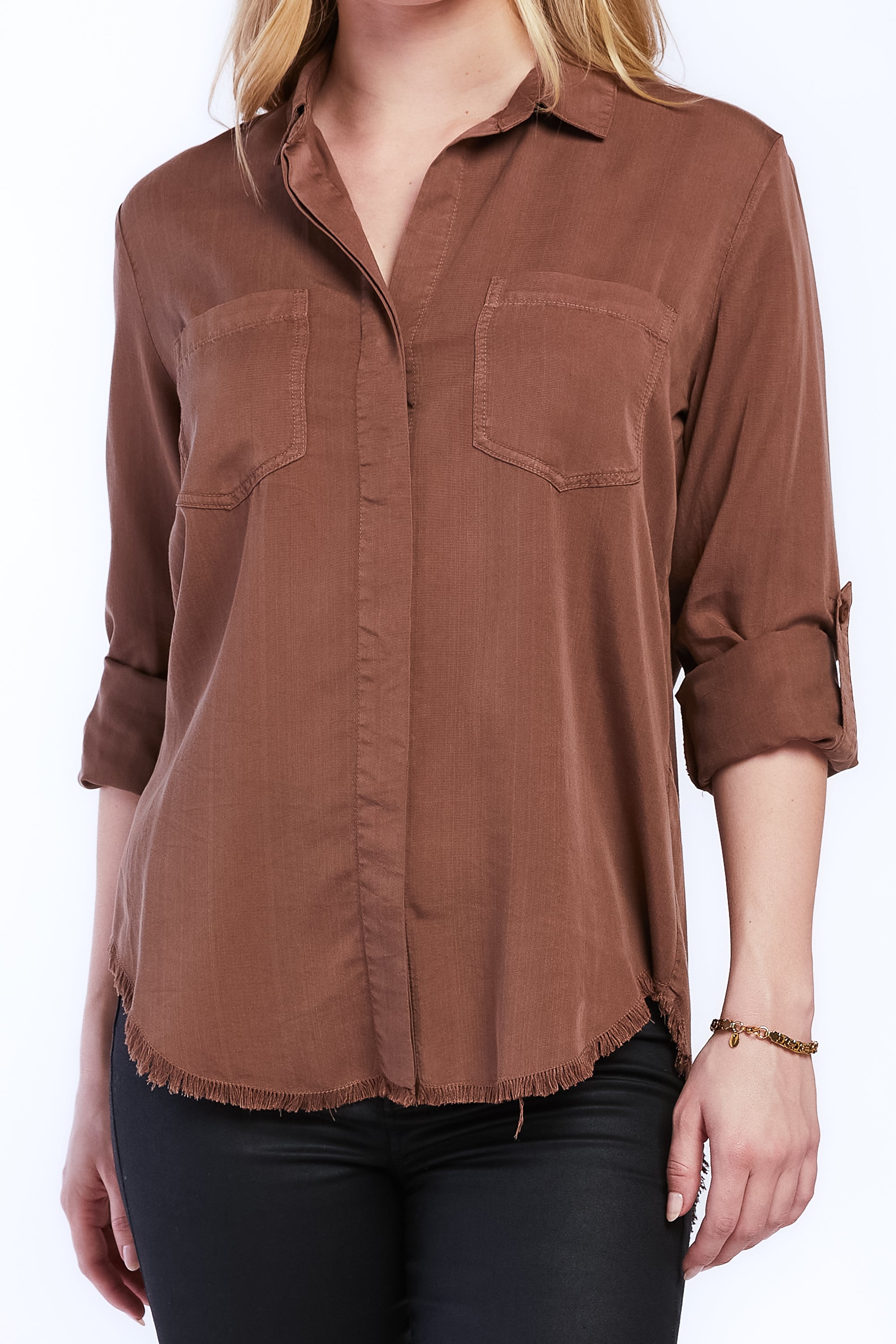   Velvet Heart Riley Rolled Tab Sleeve Button Down Shirt Double Chest Pockets - Brown - Bonton