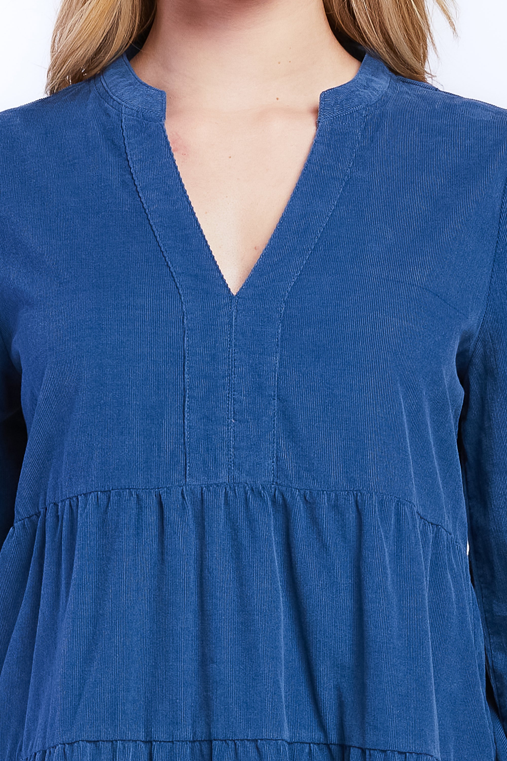   Velvet Heart Sherin Long Sleeve With Slight Shoulder Shirring V Neck Banded Collar Three Tier Baby Doll Dress Side Seam Pockets - Desert Mauve - Bonton