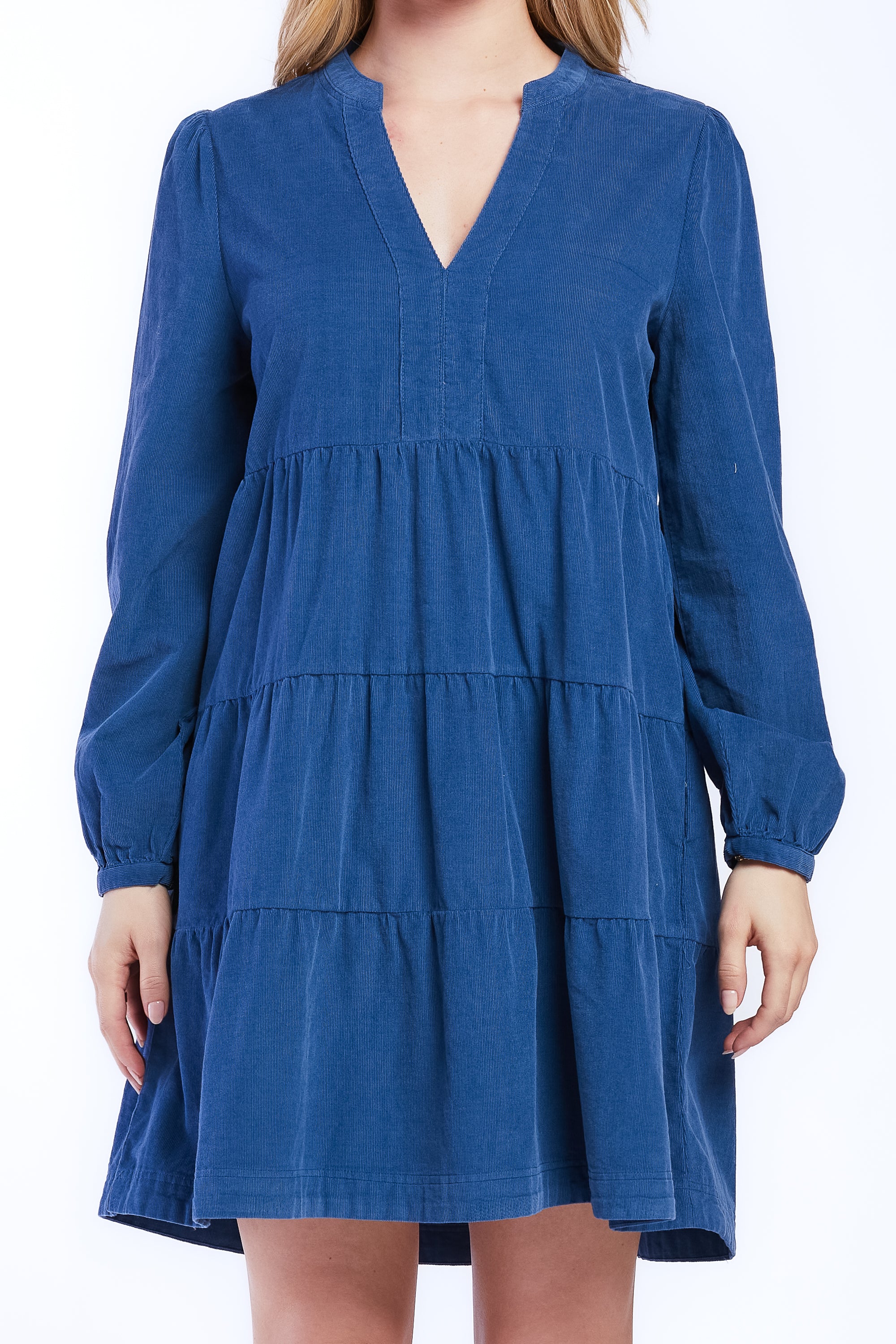   Velvet Heart Sherin Long Sleeve With Slight Shoulder Shirring V Neck Banded Collar Three Tier Baby Doll Dress Side Seam Pockets - Desert Mauve - Bonton