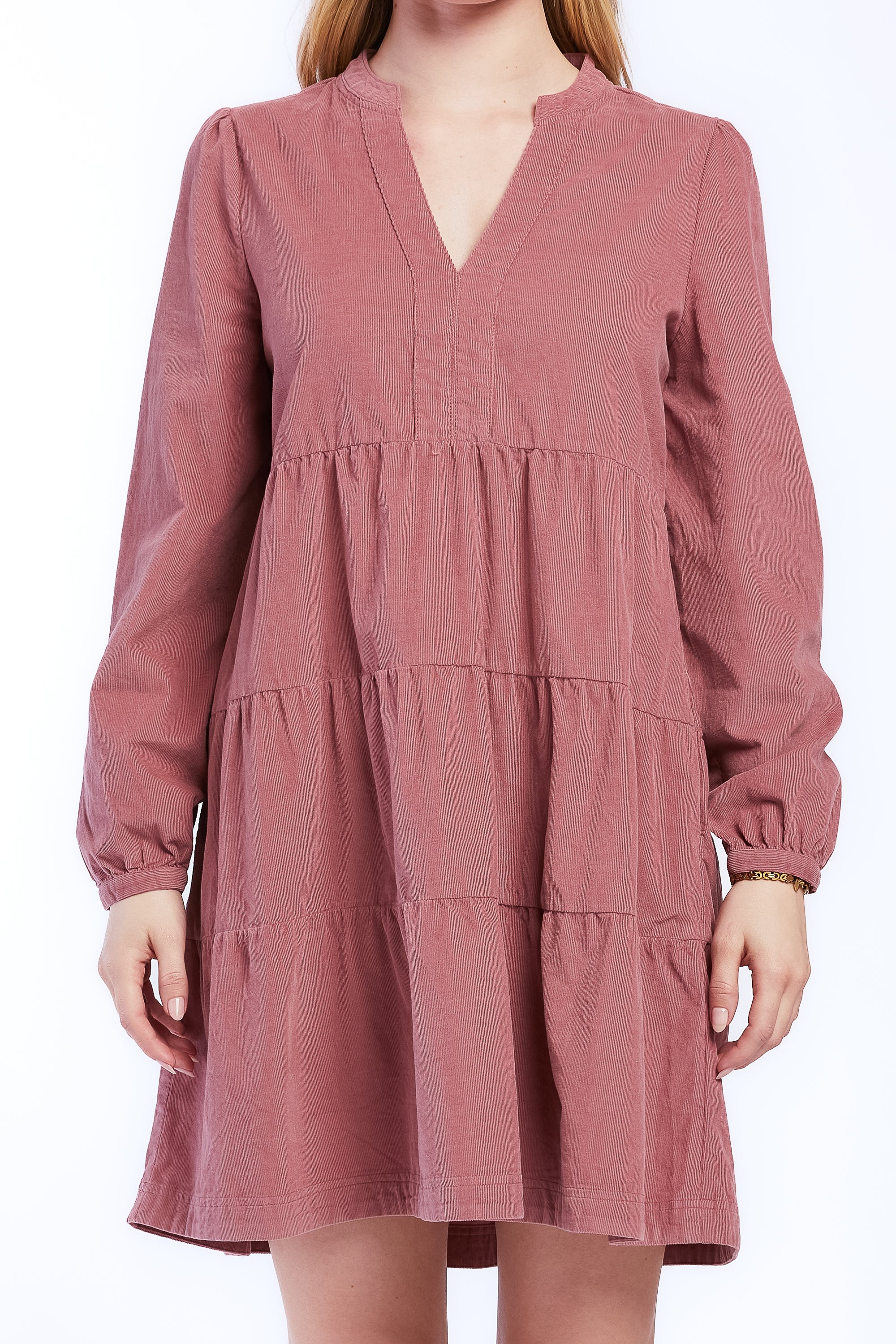   Velvet Heart Sherin Long Sleeve With Slight Shoulder Shirring V Neck Banded Collar Three Tier Baby Doll Dress Side Seam Pockets - Desert Mauve - Bonton