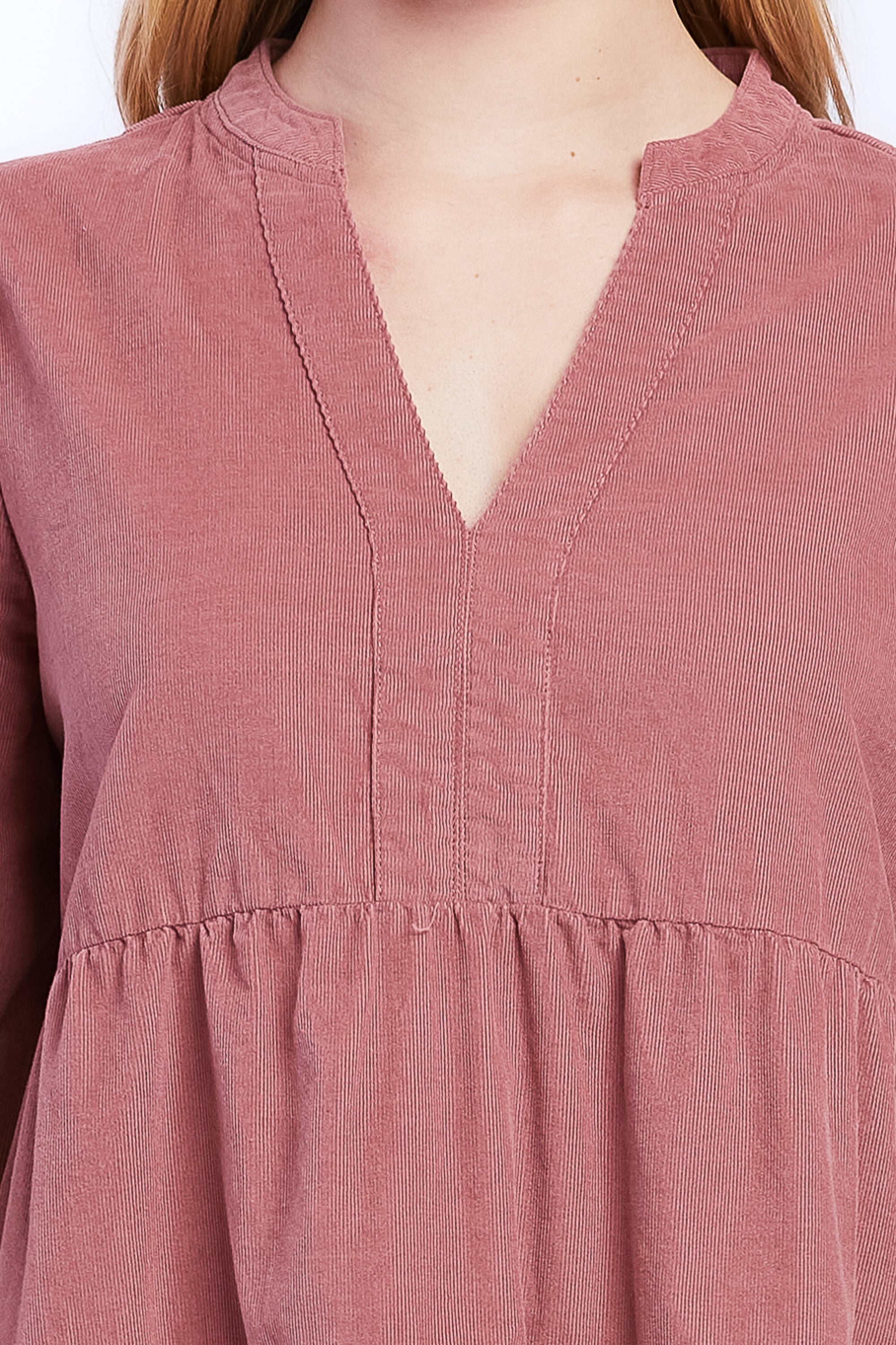   Velvet Heart Sherin Long Sleeve With Slight Shoulder Shirring V Neck Banded Collar Three Tier Baby Doll Dress Side Seam Pockets - Desert Mauve - Bonton