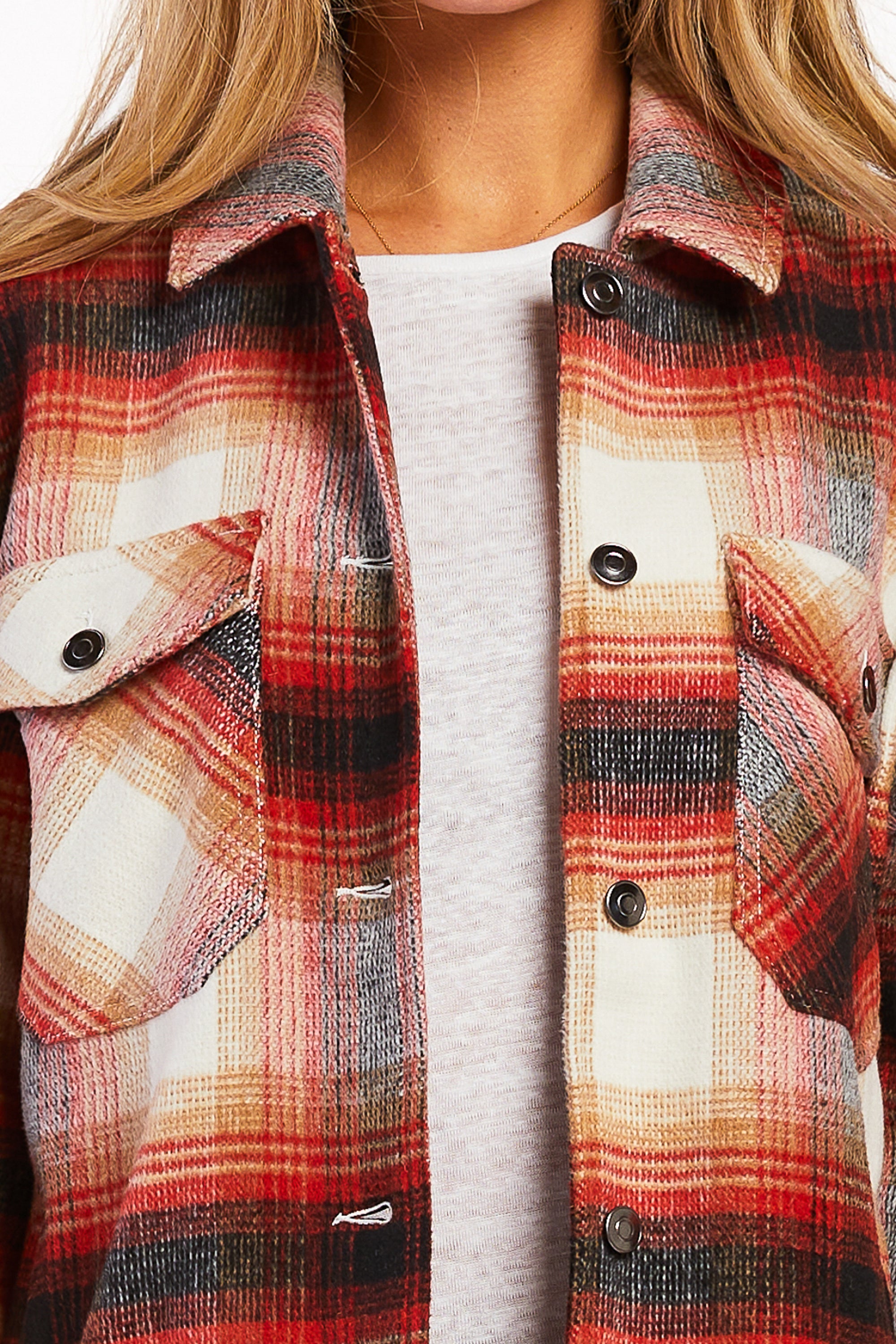   Velvet Heart Sheryl Long Sleeve Plaid Shirt Jacket Large Chest - Red Beige Plaid - Bonton