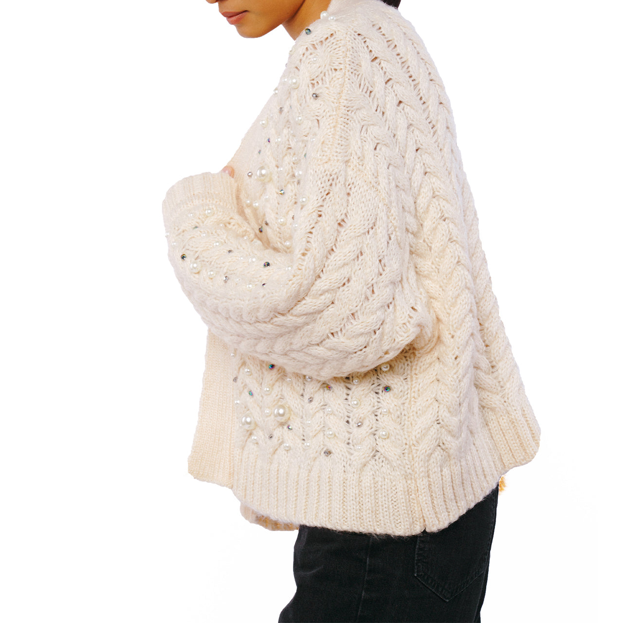  Ciebon Merina Pearl Trimmed Cardigan - Cream - Bonton