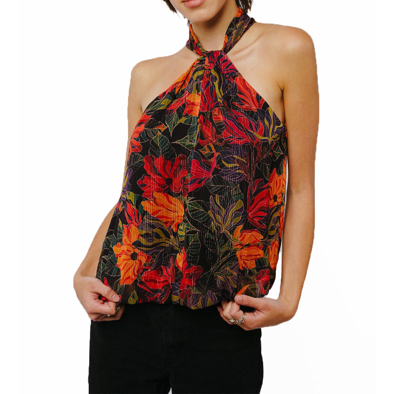  Ciebon Gisele Twist Neck Halter Top - Black Multi - Bonton