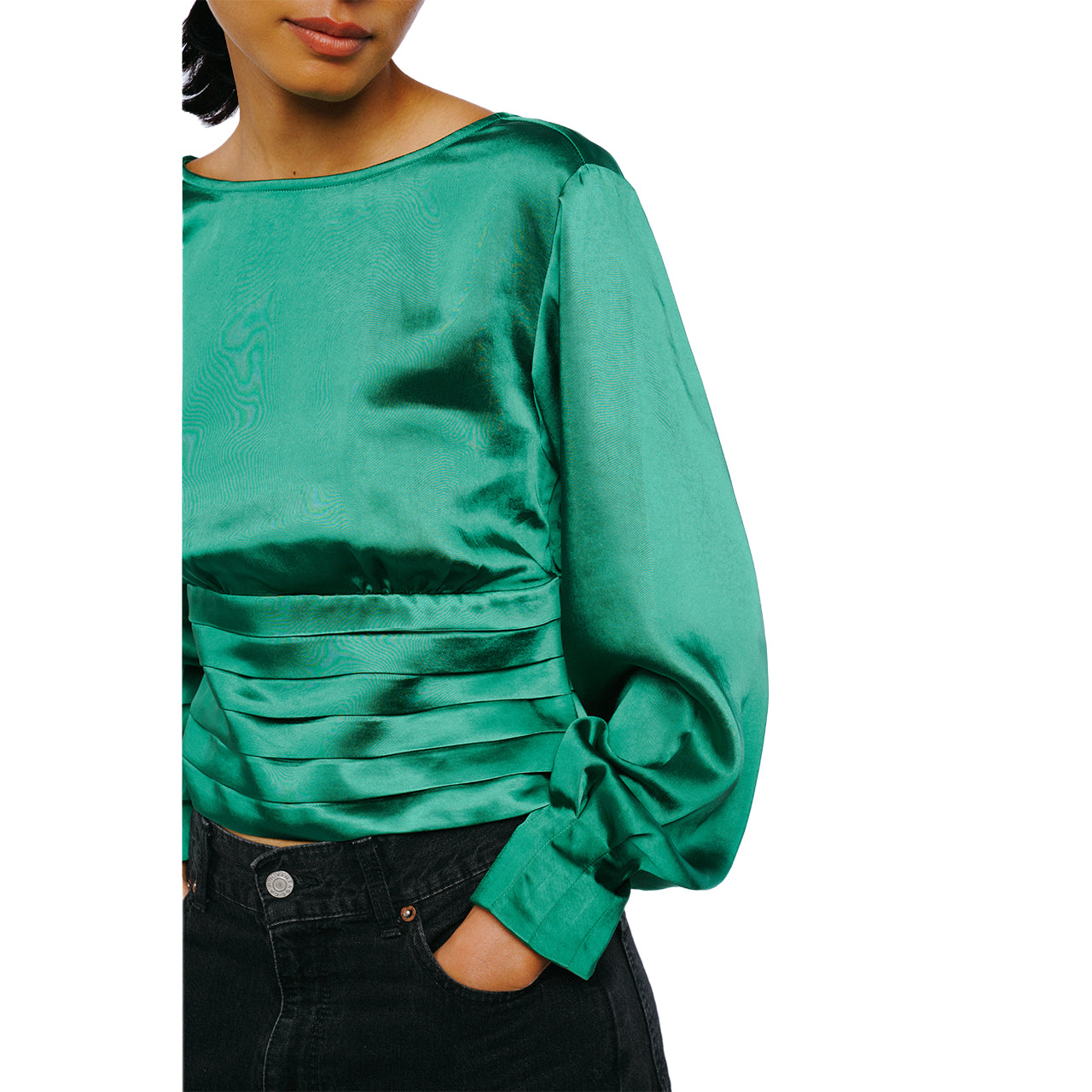  Ciebon Fosi Pleated Waistband Satin Top - Green - Bonton