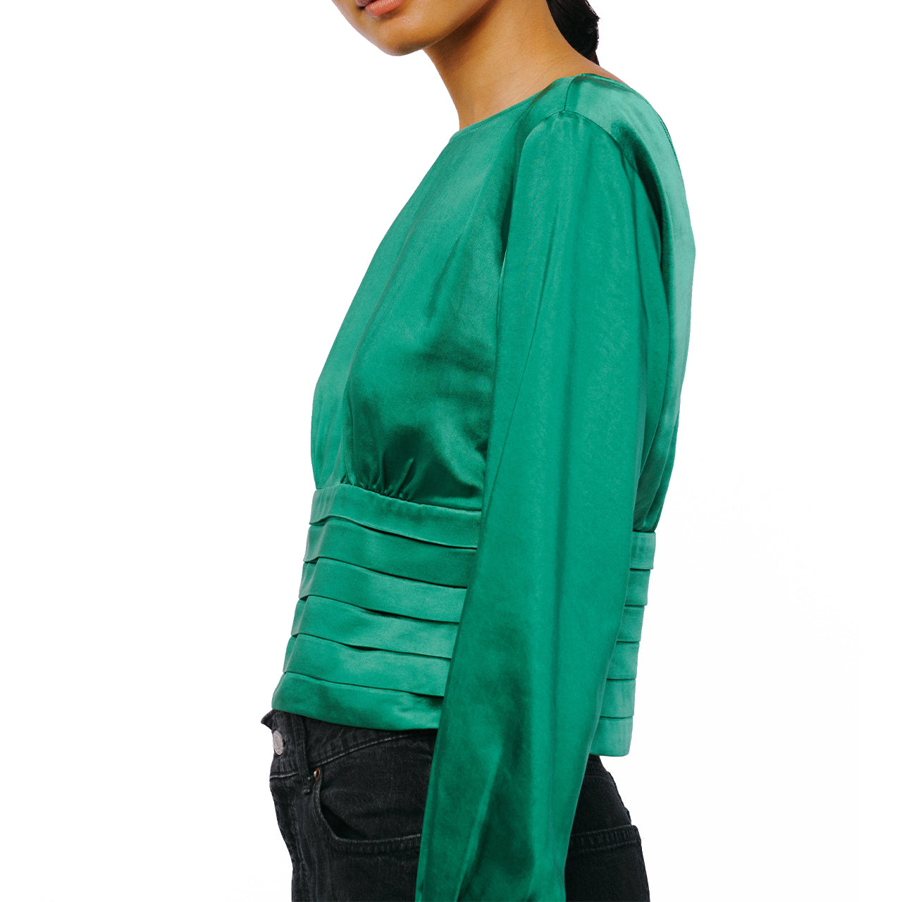  Ciebon Fosi Pleated Waistband Satin Top - Green - Bonton