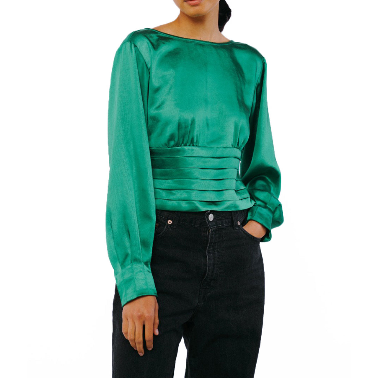  Ciebon Fosi Pleated Waistband Satin Top - Green - Bonton