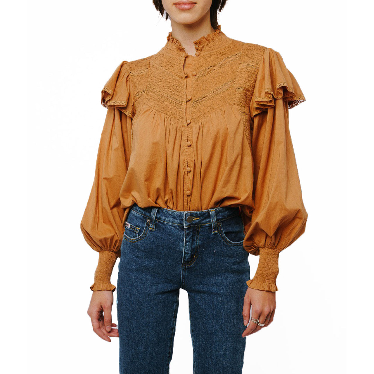  Ciebon Mabel Smock Detail Long Sleeve Top - Brown - Bonton