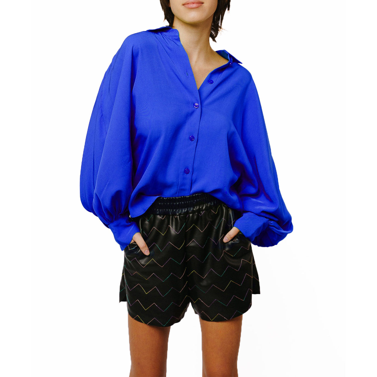  Ciebon Amira Oversized Button Down Satin Top - Blue - Bonton