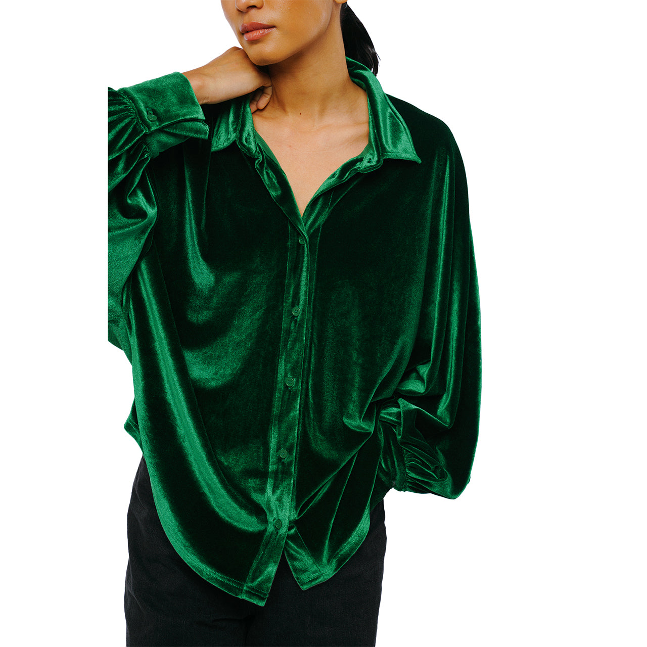 Ciebon Amira Oversized Button Down Velvet Top - Green - Bonton