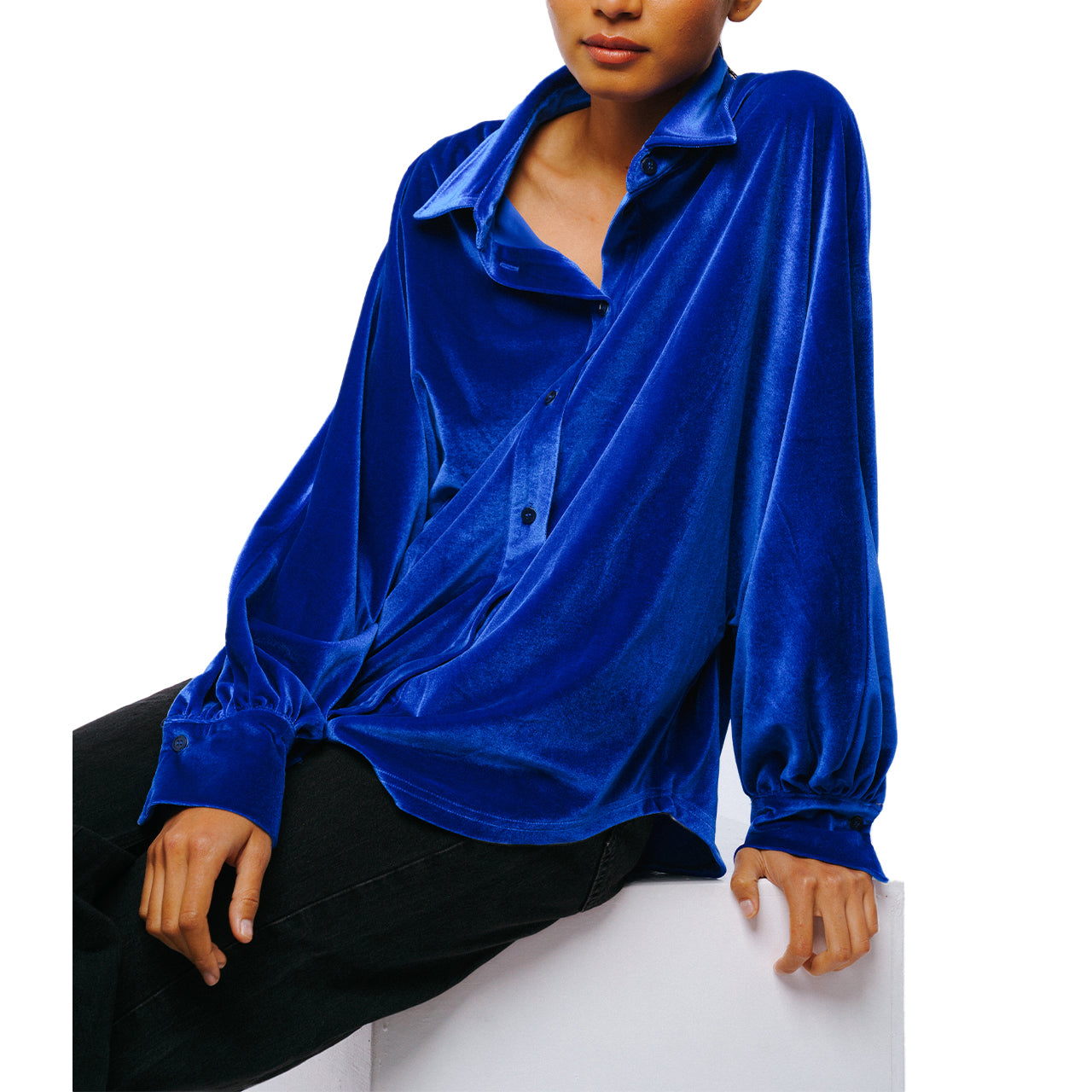  Ciebon Amira Oversized Button Down Velvet Top - Cobalt - Bonton