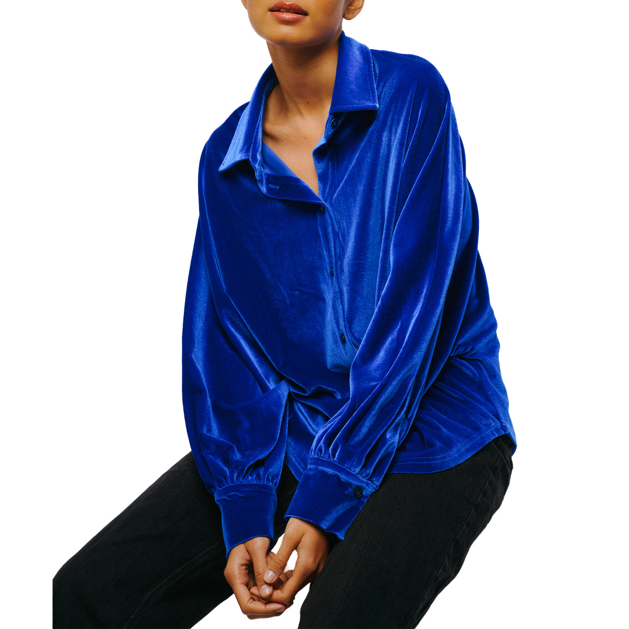  Ciebon Amira Oversized Button Down Velvet Top - Cobalt - Bonton