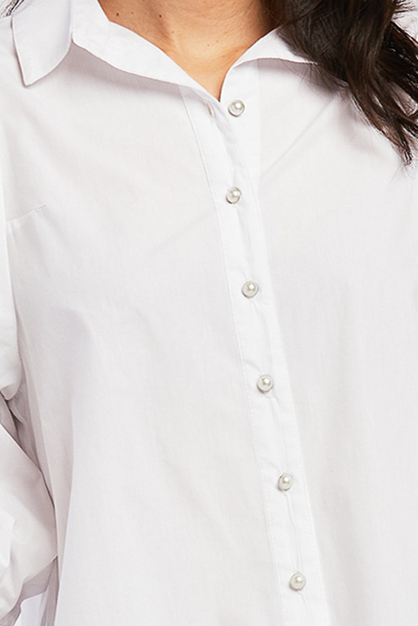   Velvet Heart Teegan 3/4 Puff Sleeve Pearl Button Down Top Shirred Shoulder Top - White - Bonton