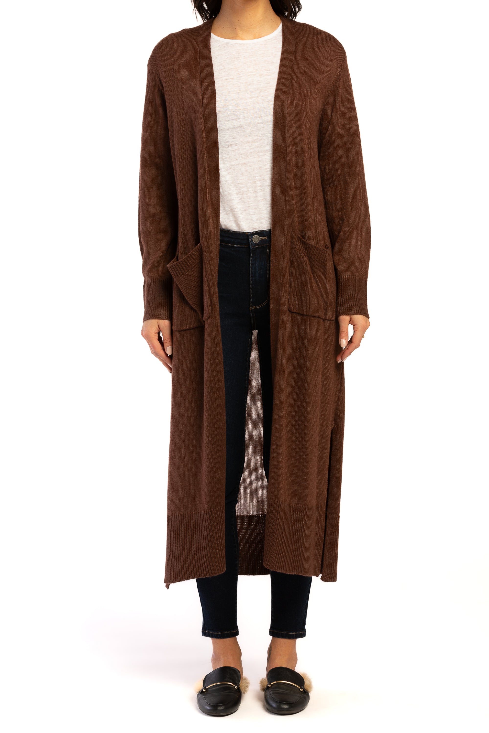   Velvet Heart Long Sleeve Long Knit Duster Front Pockets - Brown - Bonton