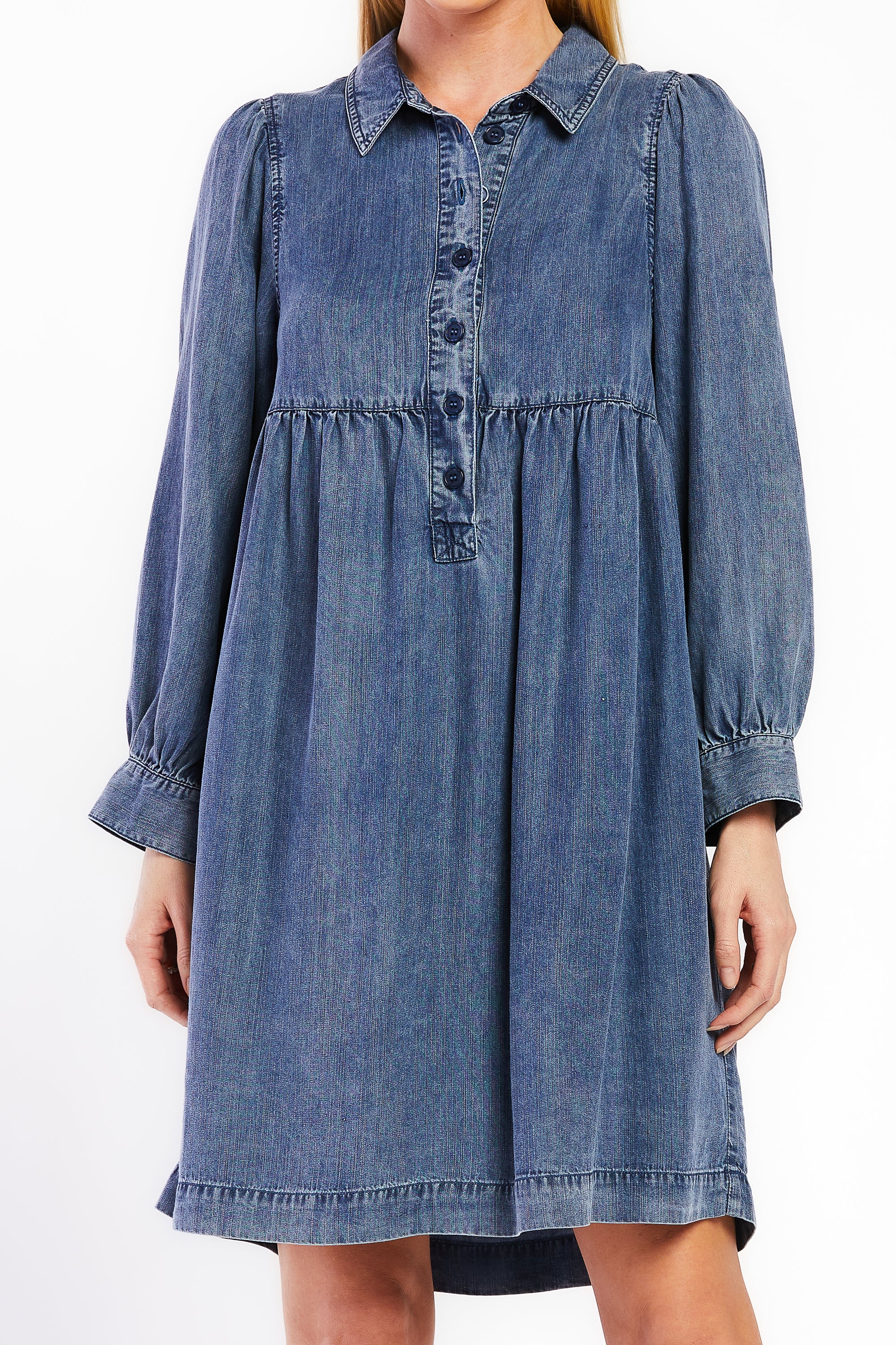   Velvet Heart 7/8 Cuffed Balloon Sleeve Popover Baby Doll Dress - Blue - Bonton