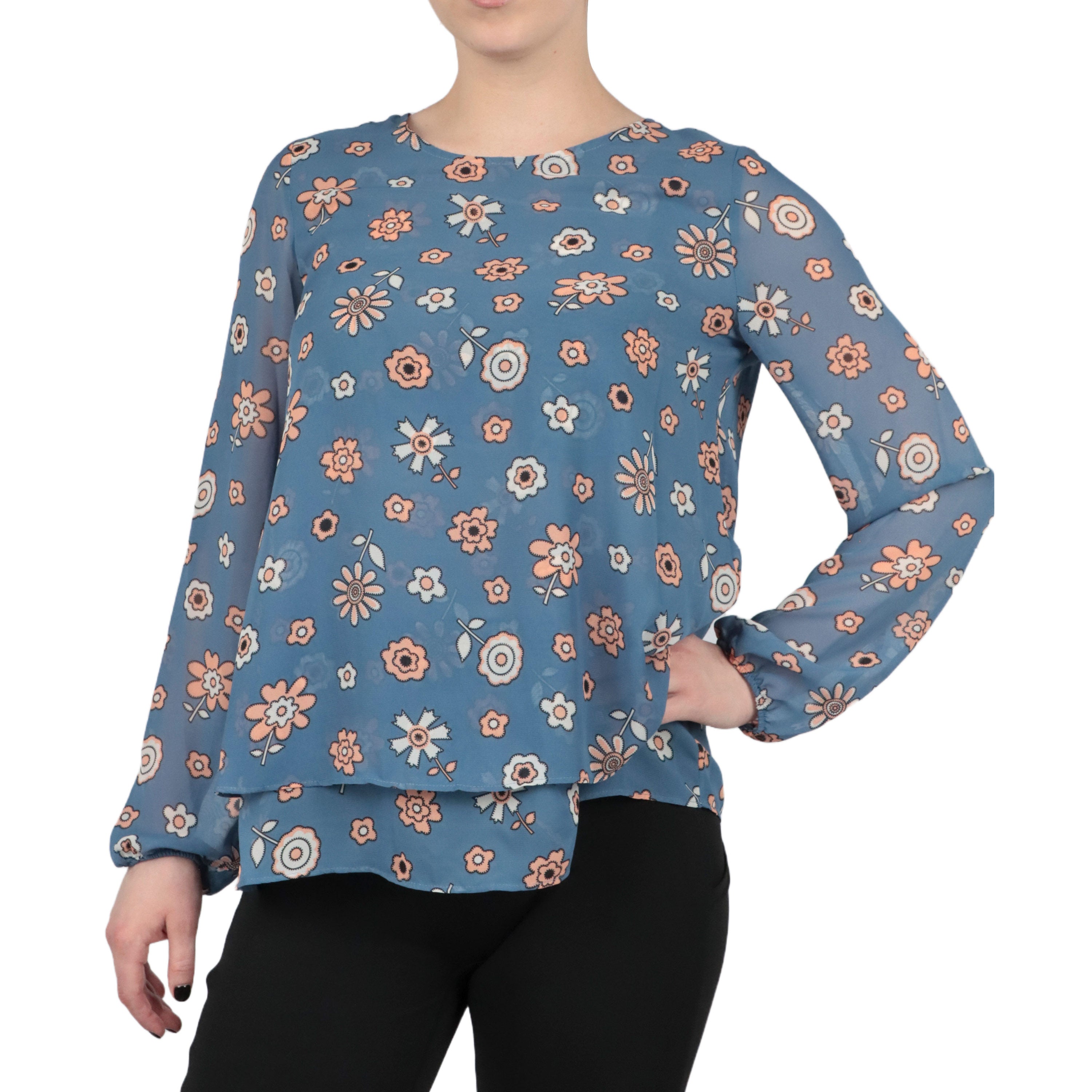  Anne Klein Chiffon Double Layer Long Sleeve With Keyhole Back Blouse - Blue Jay Combo - Bonton